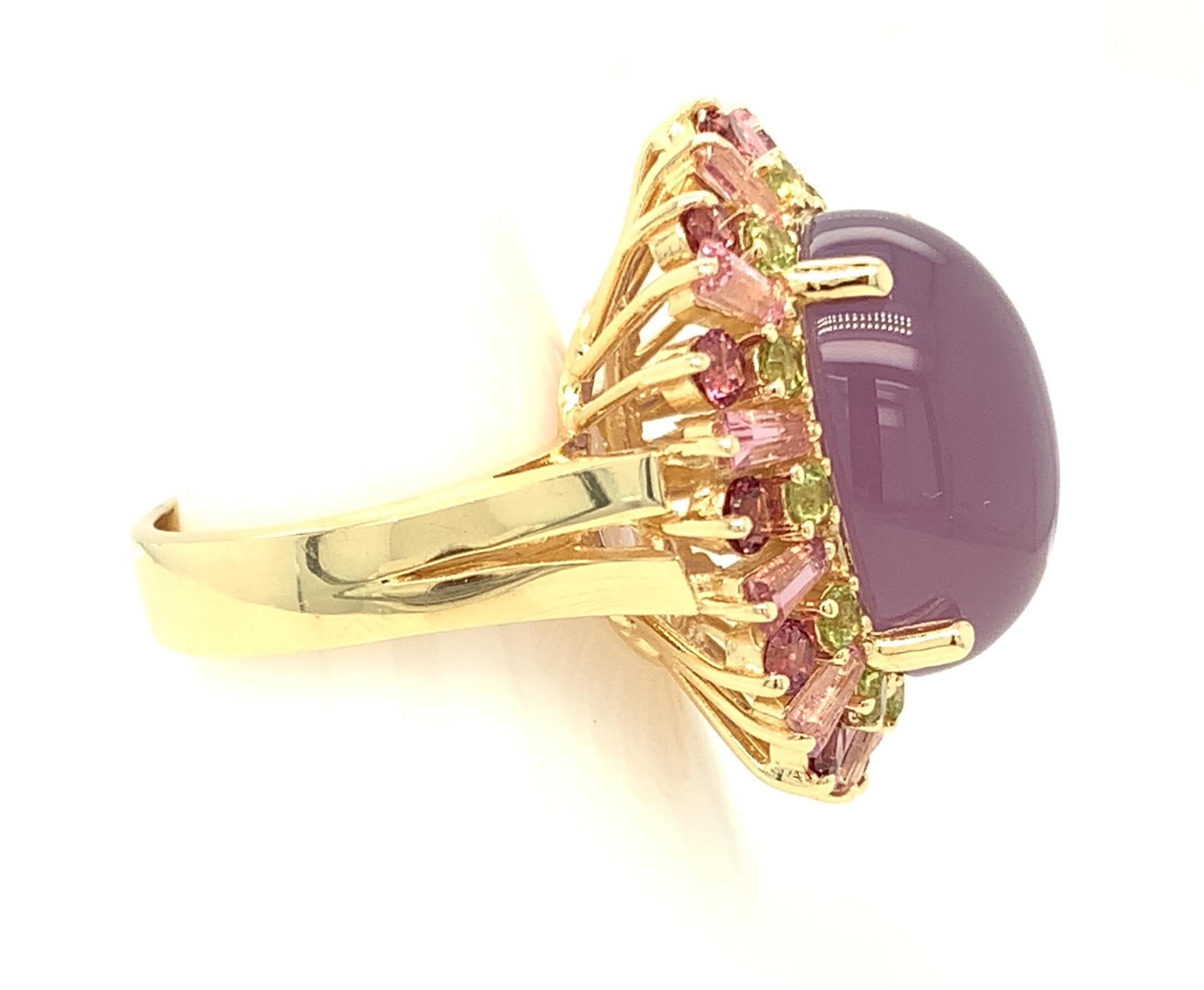 Artisan Lavender Chalcedony, Pink Tourmaline, Rhodolite Garnet and Peridot Cocktail Ring For Sale
