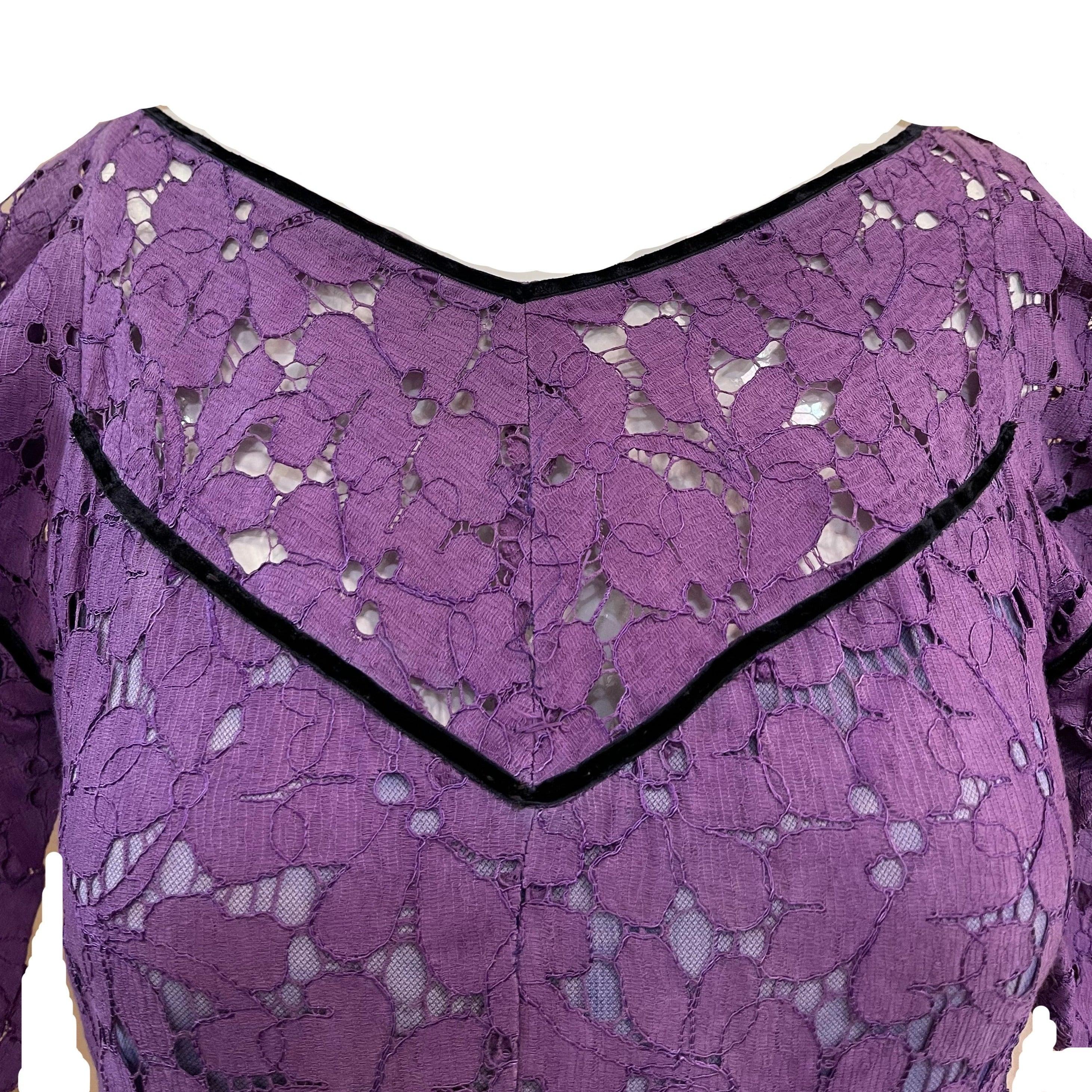 Purple Lavender Floral Cotton Lace Gown, 1930s For Sale