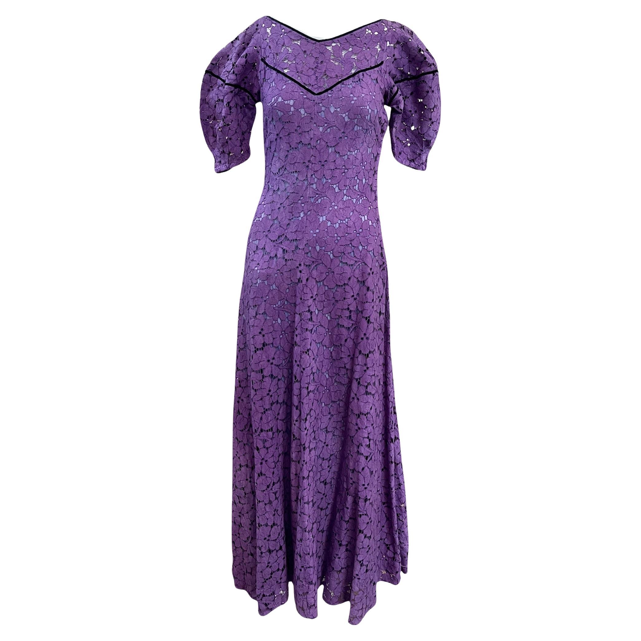 Lavender Floral Cotton Lace Gown, 1930s For Sale