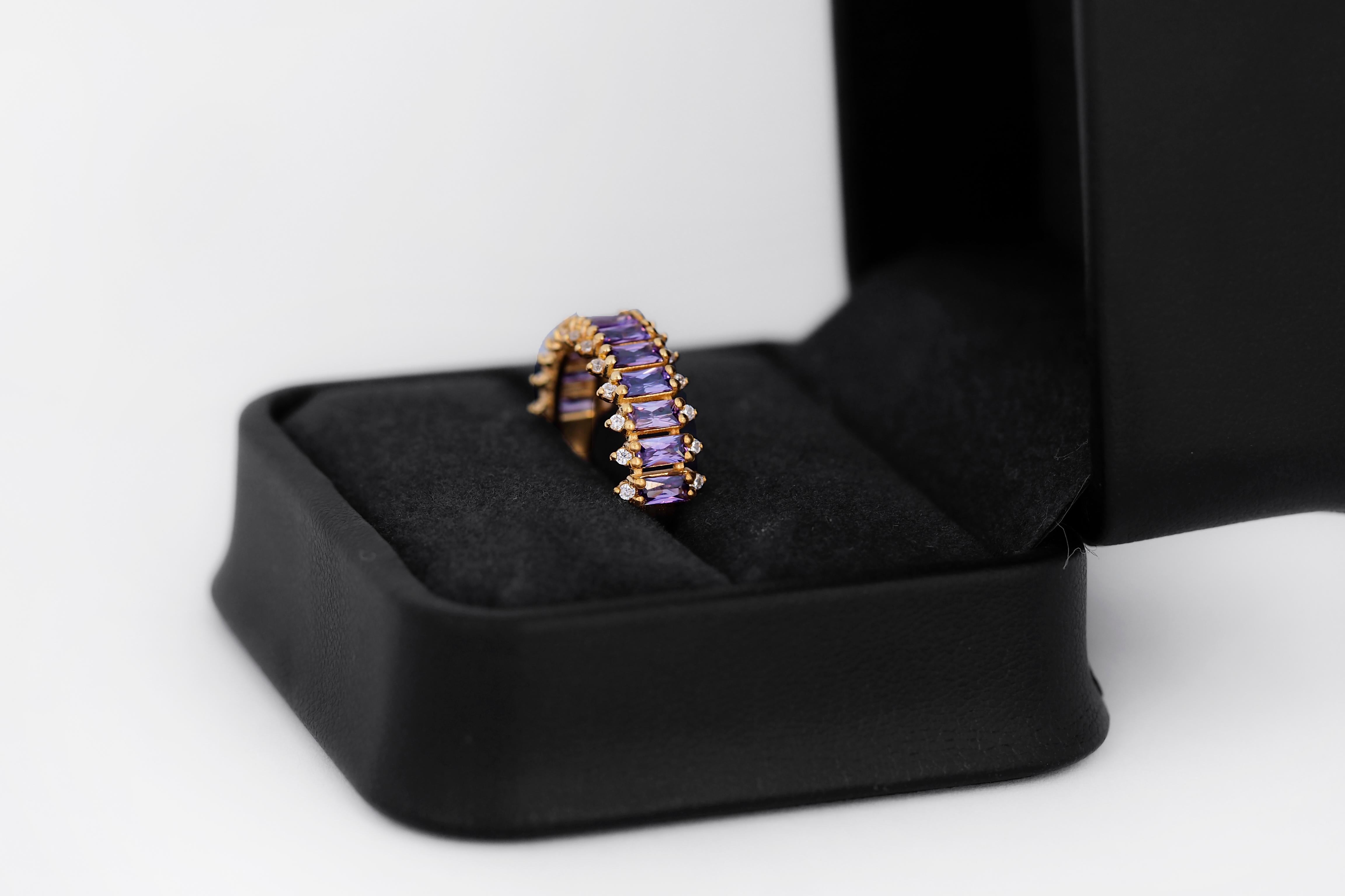 Modern Lavender gems baguette 14k gold half eternity ring For Sale