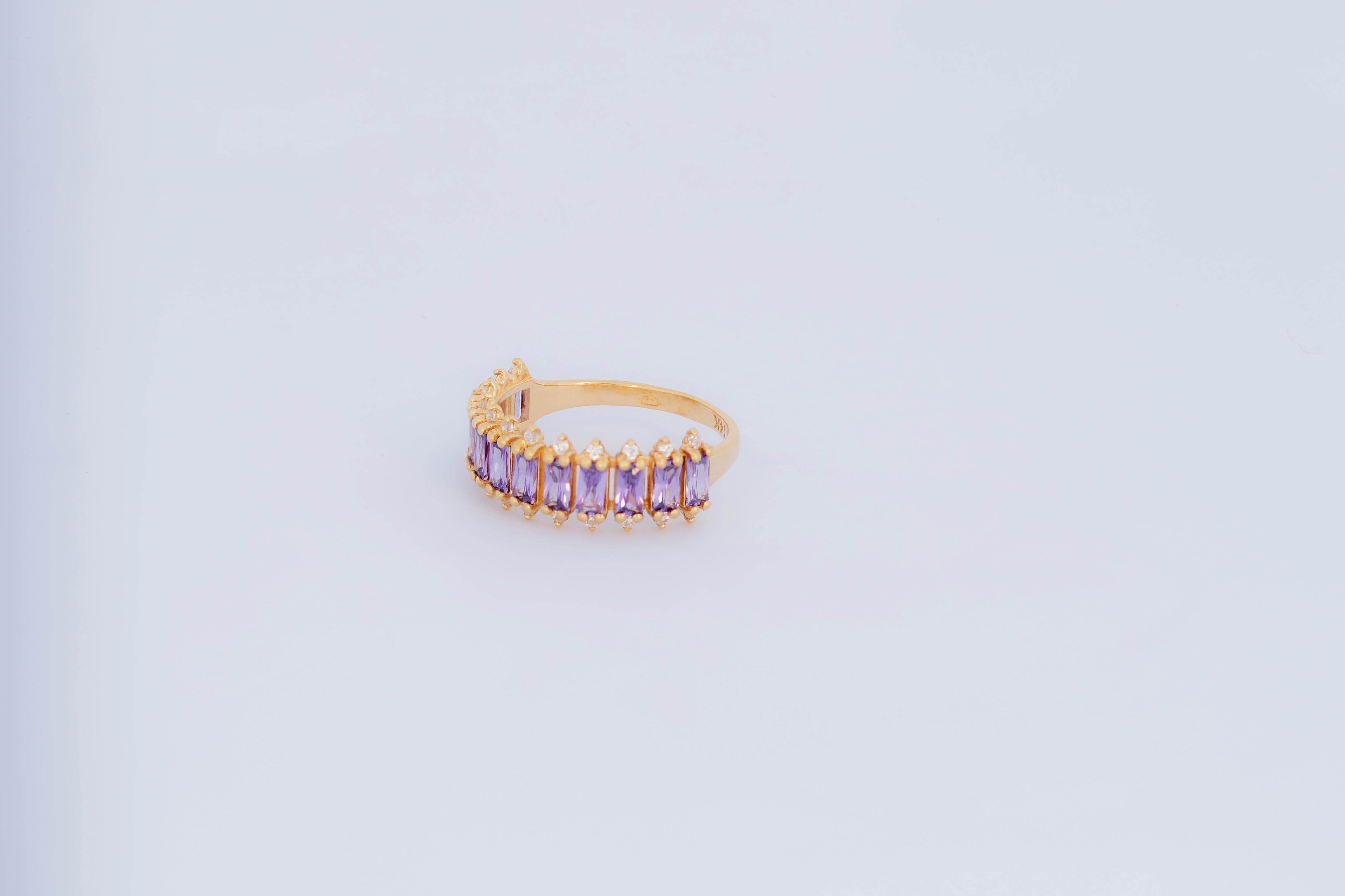 Lavendel Edelsteine Baguette 14k Gold halbe Ewigkeit Ring (Baguetteschliff) im Angebot