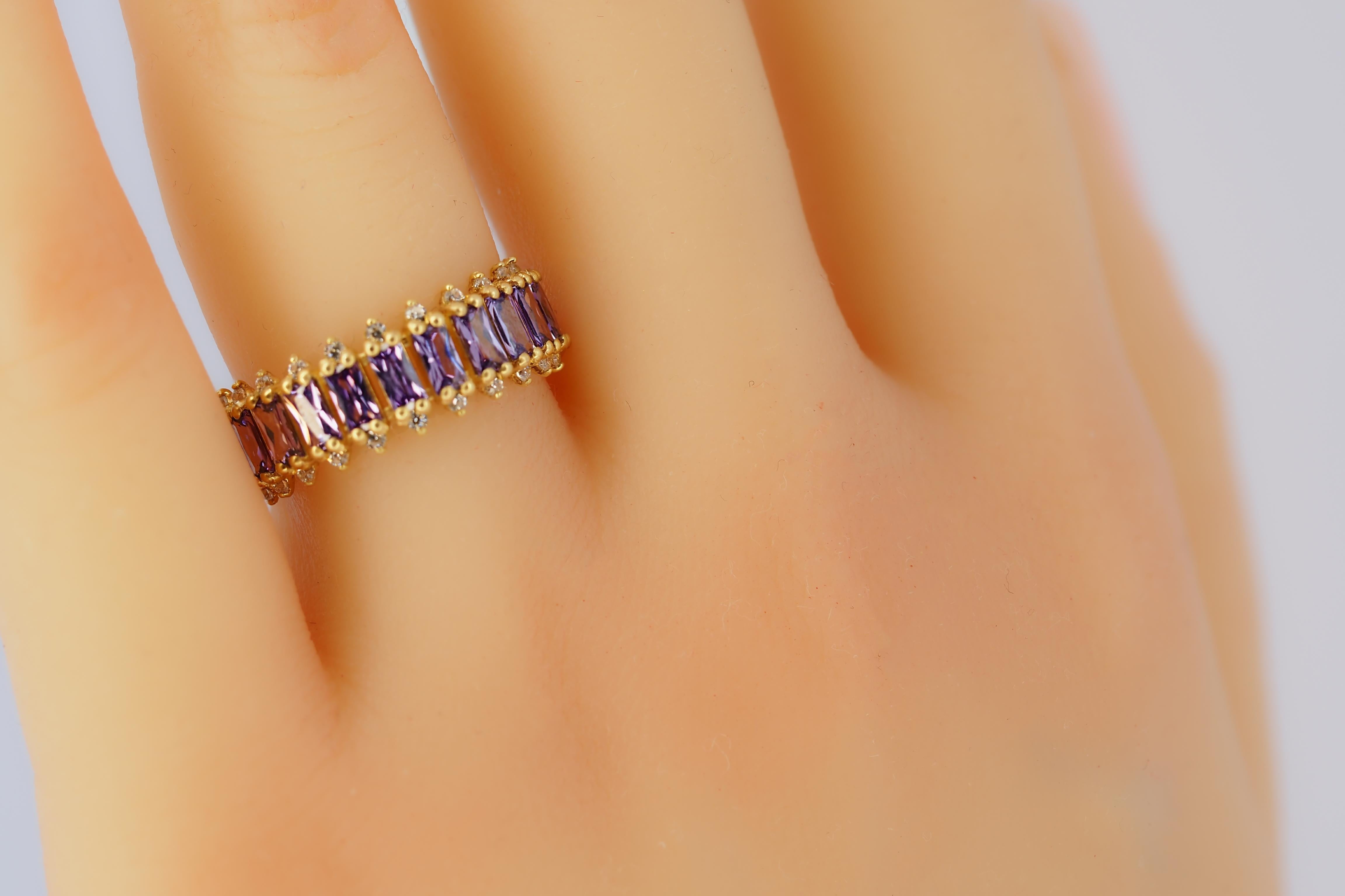 For Sale:  Lavender gems baguette 14k gold half eternity ring 5