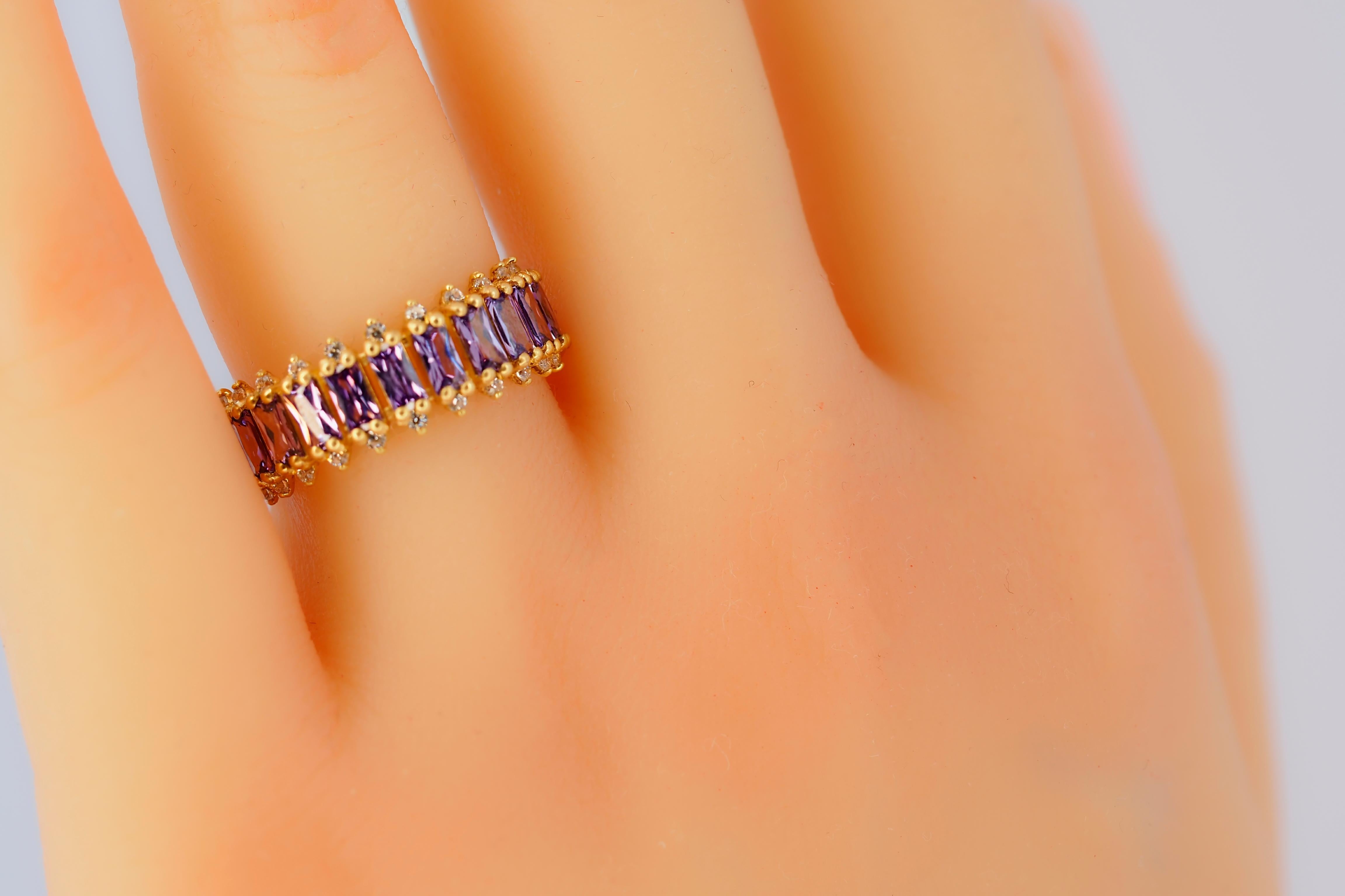 For Sale:  Lavender gems baguette 14k gold half eternity ring. 6