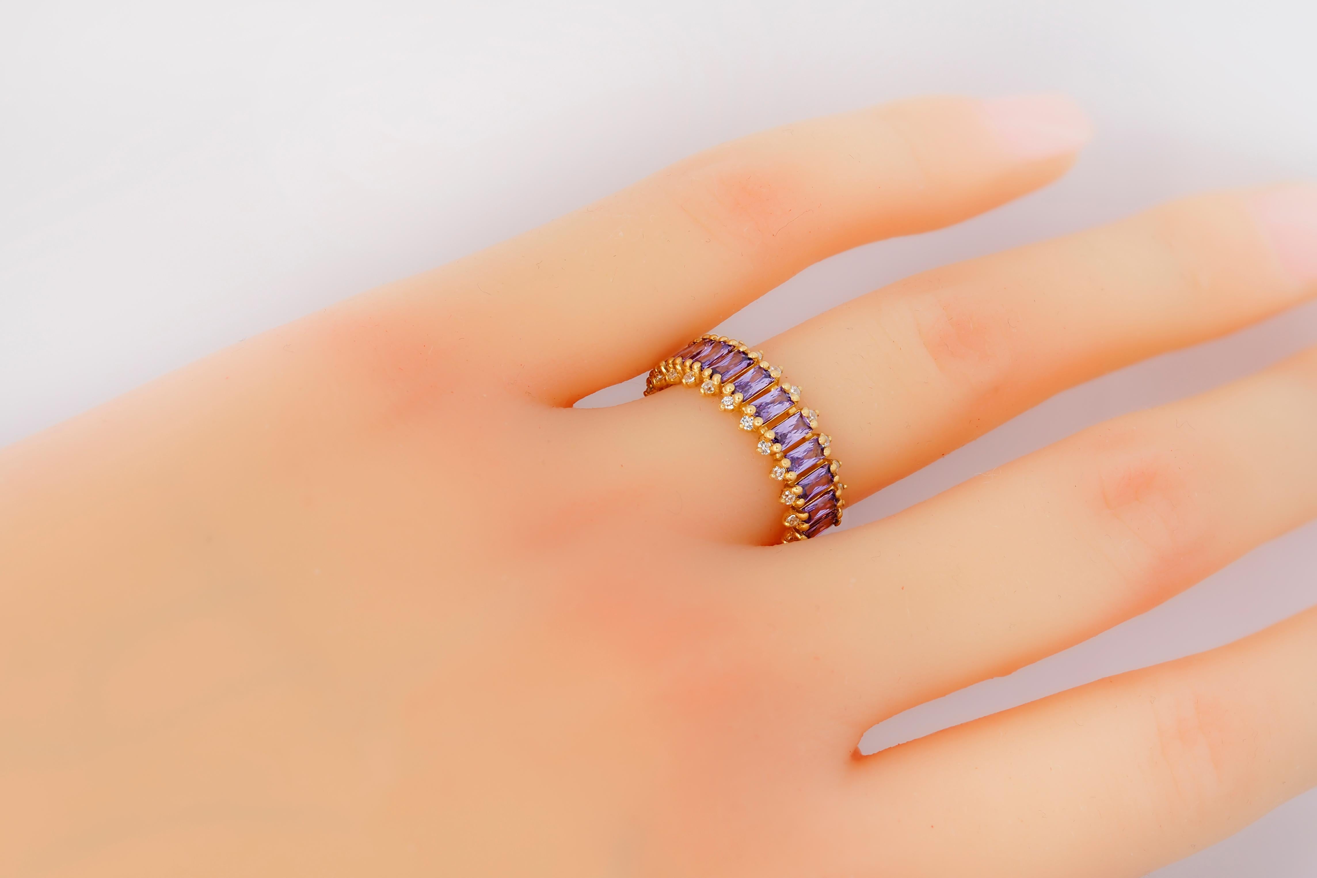 For Sale:  Lavender gems baguette 14k gold half eternity ring. 7