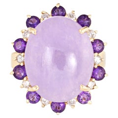 Lavender Jade Amethyst Diamond Ring Vintage 14 Karat Yellow Gold Oval Cocktail