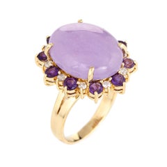 Lavender Jade Amethyst Diamond Ring Vintage 14 Karat Yellow Gold Oval Cocktail