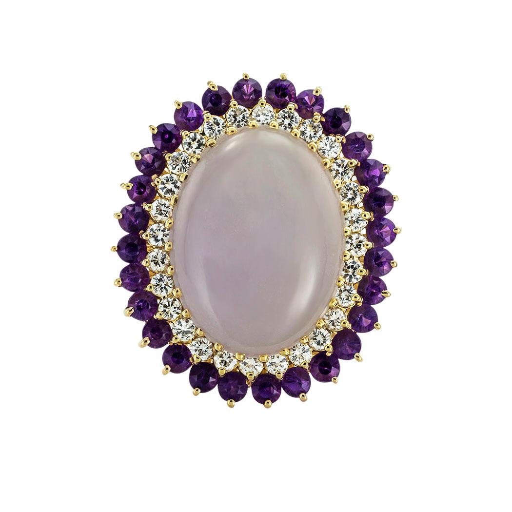 Contemporary Lavender Jade Amethyst Diamonds Yellow Gold Cocktail Ring For Sale