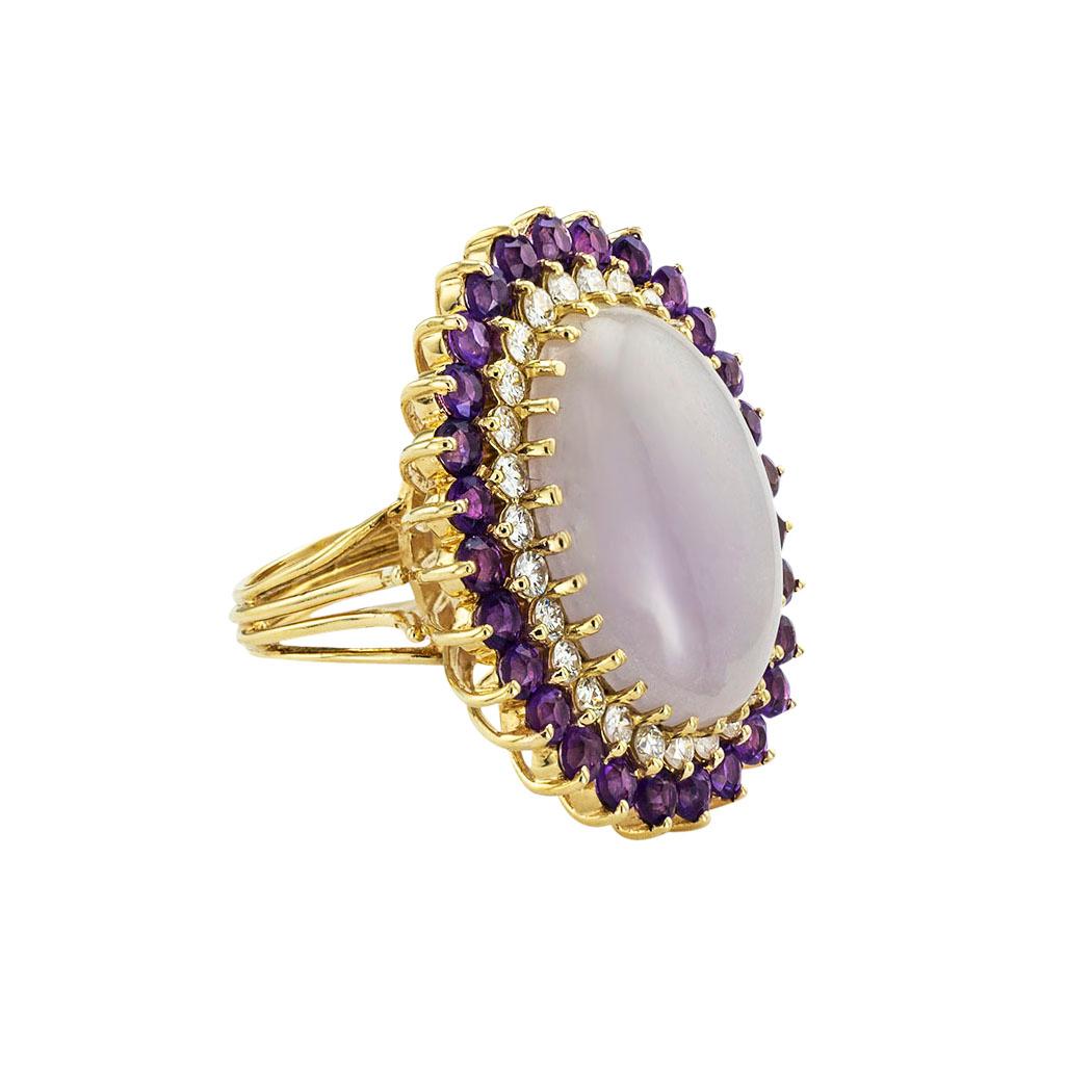 Cabochon Lavender Jade Amethyst Diamonds Yellow Gold Cocktail Ring For Sale