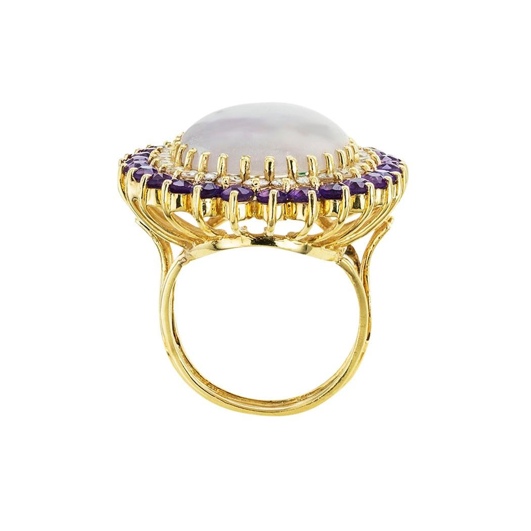 Women's or Men's Lavender Jade Amethyst Diamonds Yellow Gold Cocktail Ring For Sale