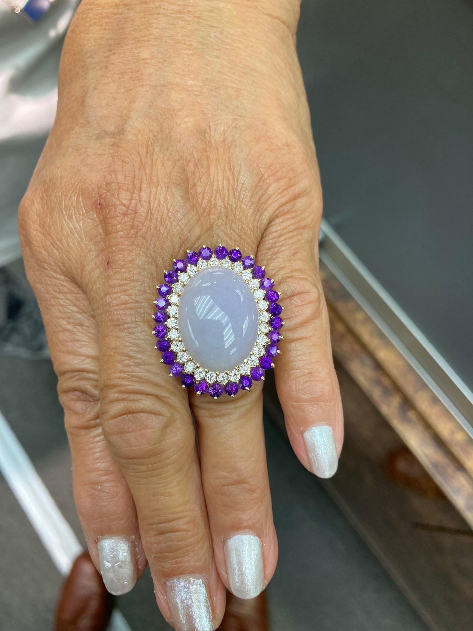 Lavender Jade Amethyst Diamonds Yellow Gold Cocktail Ring For Sale 1