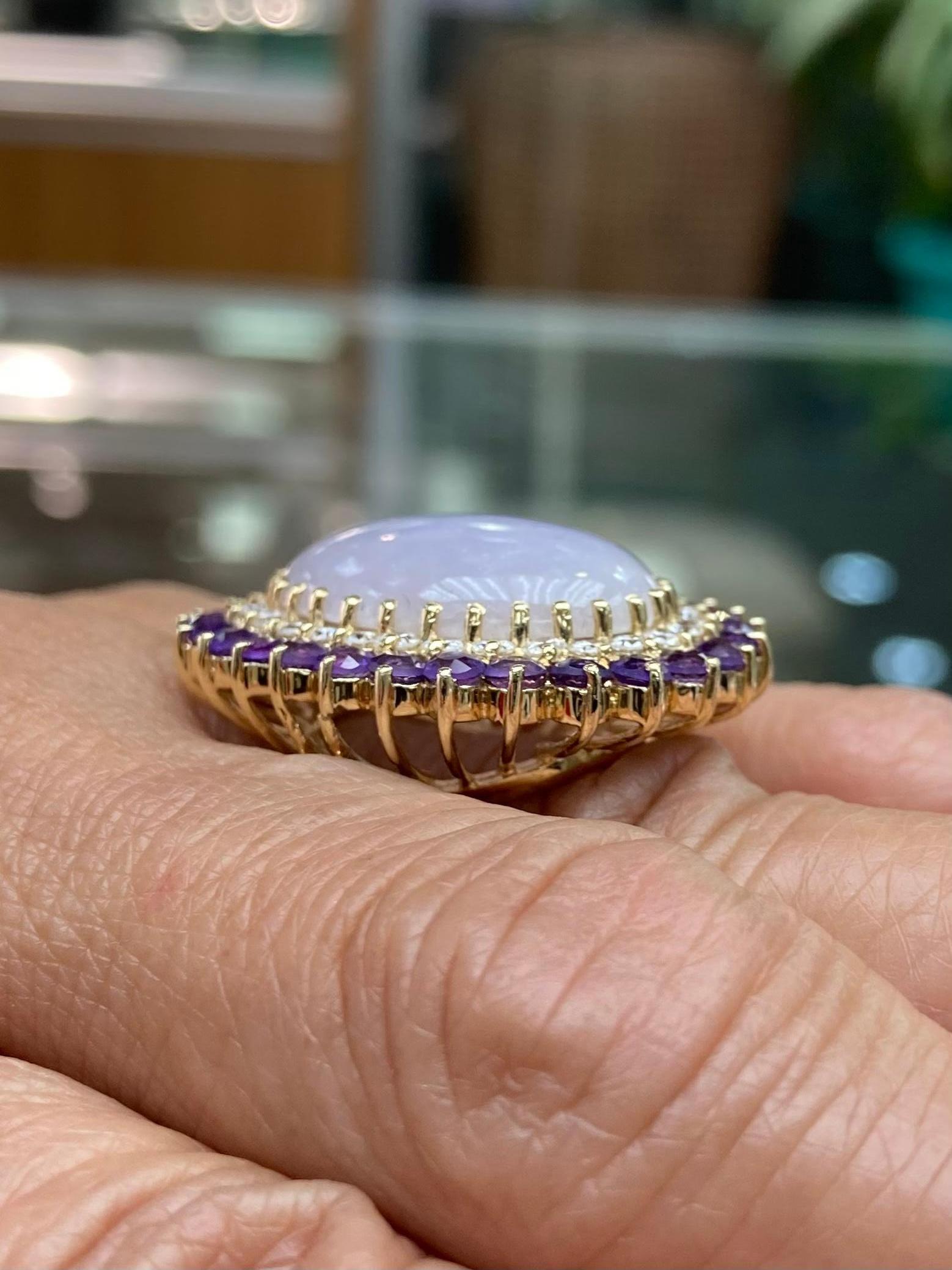 Lavender Jade Amethyst Diamonds Yellow Gold Cocktail Ring For Sale 2