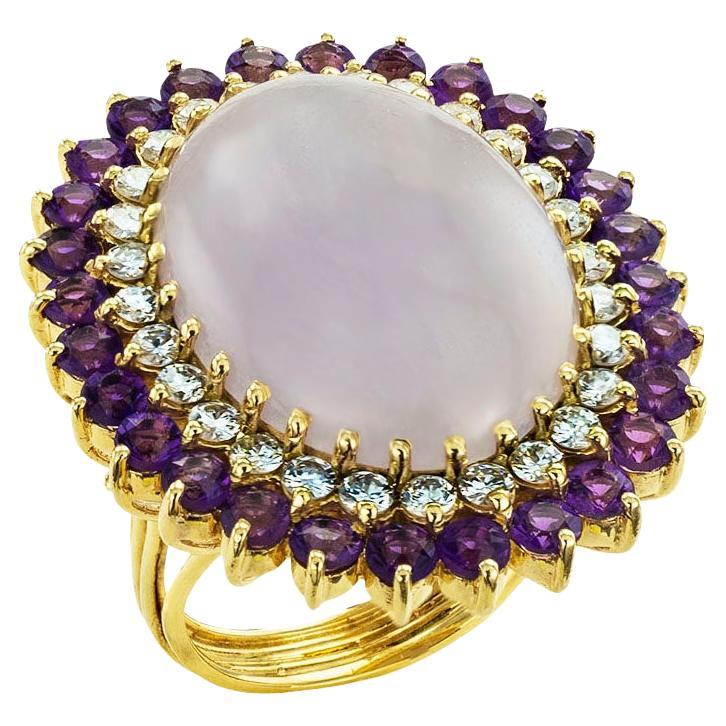 Lavender Jade Amethyst Diamonds Yellow Gold Cocktail Ring For Sale