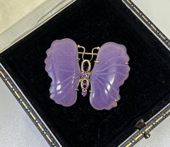 Lavender Jade Amethyst Gold Butterfly Brooch Pin Antique Insect