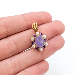 Lavender Jade, Amethyst & Pearl Pendant in 14k Yellow Gold