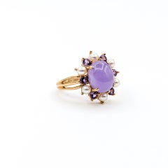 Lavender Jade, Amethyst & Pearl Ring in 14k Yellow Gold
