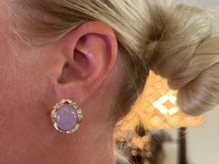 Lavender Jade and Diamond Halo Earrings 18K Yellow Gold
