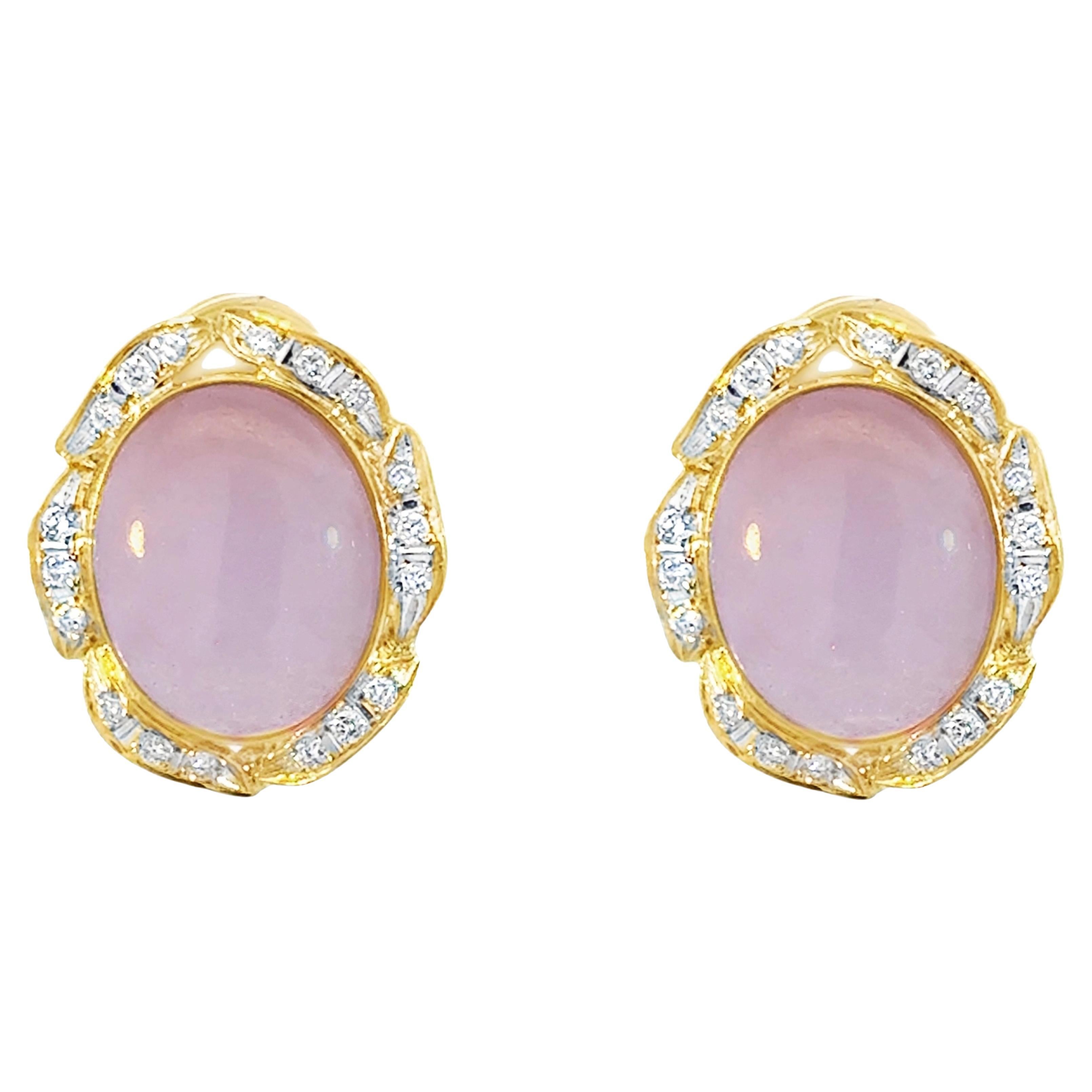 Lavender Jade and Diamond Halo Earrings 18K Yellow Gold