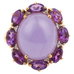 Lavender Jade Cabochon Amethyst Diamonds 18 Carat Yellow Gold Ring