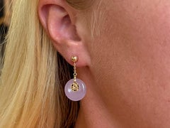 Lavender Jade Disc Dangly Earrings 14K Yellow Gold