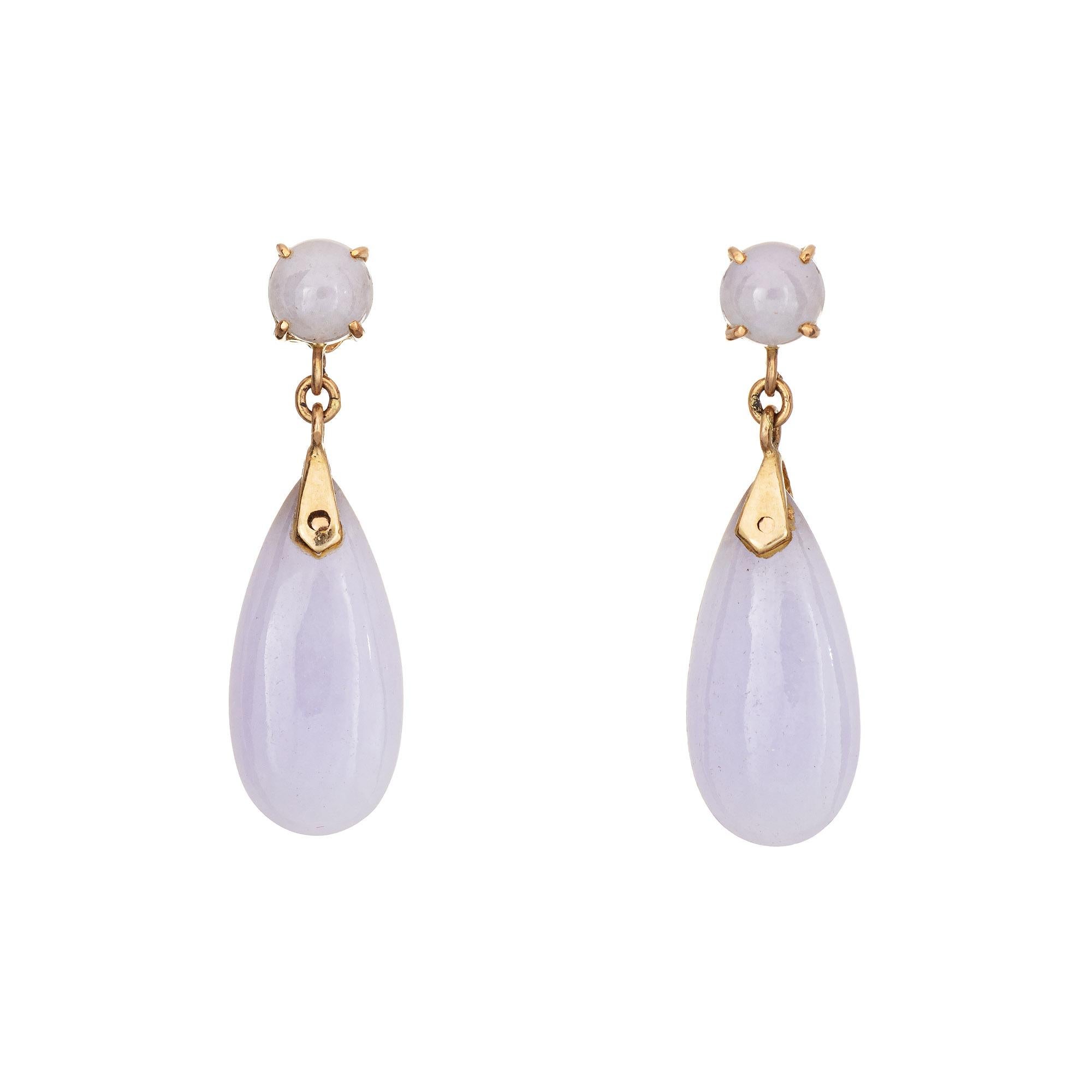 Pear Cut Lavender Jade Drop Earrings Vintage 14k Yellow Gold Pear Shaped Estate Jewelry