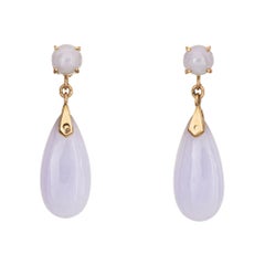 Lavender Jade Drop Earrings Vintage 14k Yellow Gold Pear Shaped Estate Jewelry