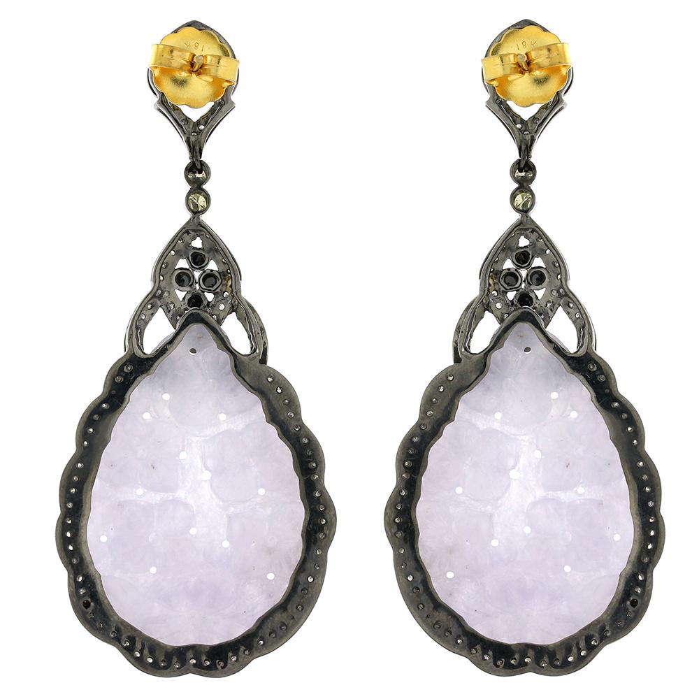 Artisan Lavender Jade Earrings with Diamonds in Gold and Silver For Sale
