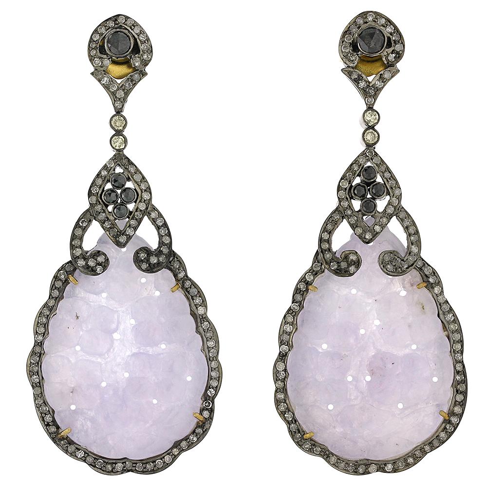 Mixed Cut Lavender Jade Earrings with Diamonds in Gold and Silver For Sale