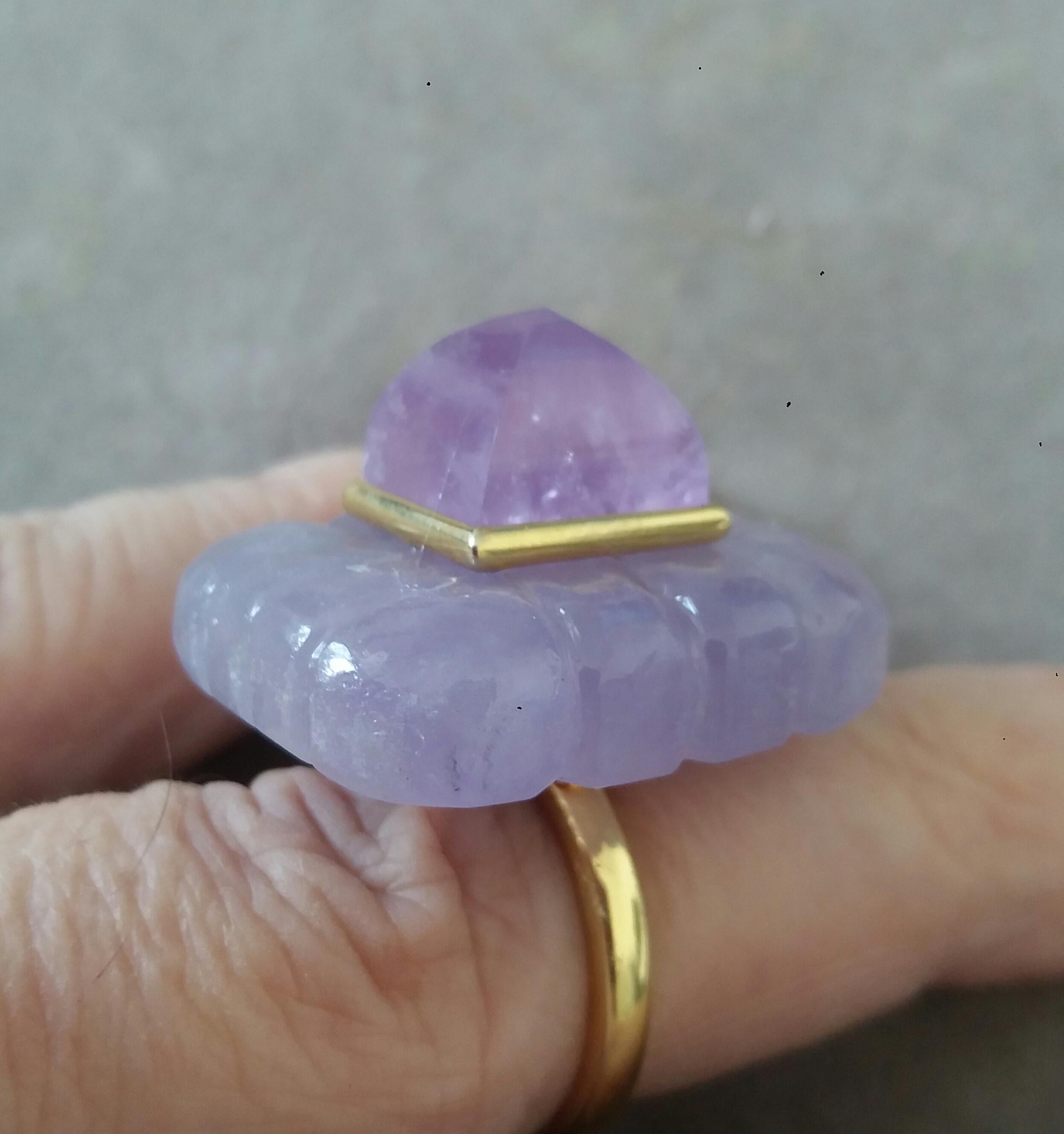 Lavender Jade Engraved Rectangular Shape Amethyst Pyramid 14k Yellow Gold Ring For Sale 6