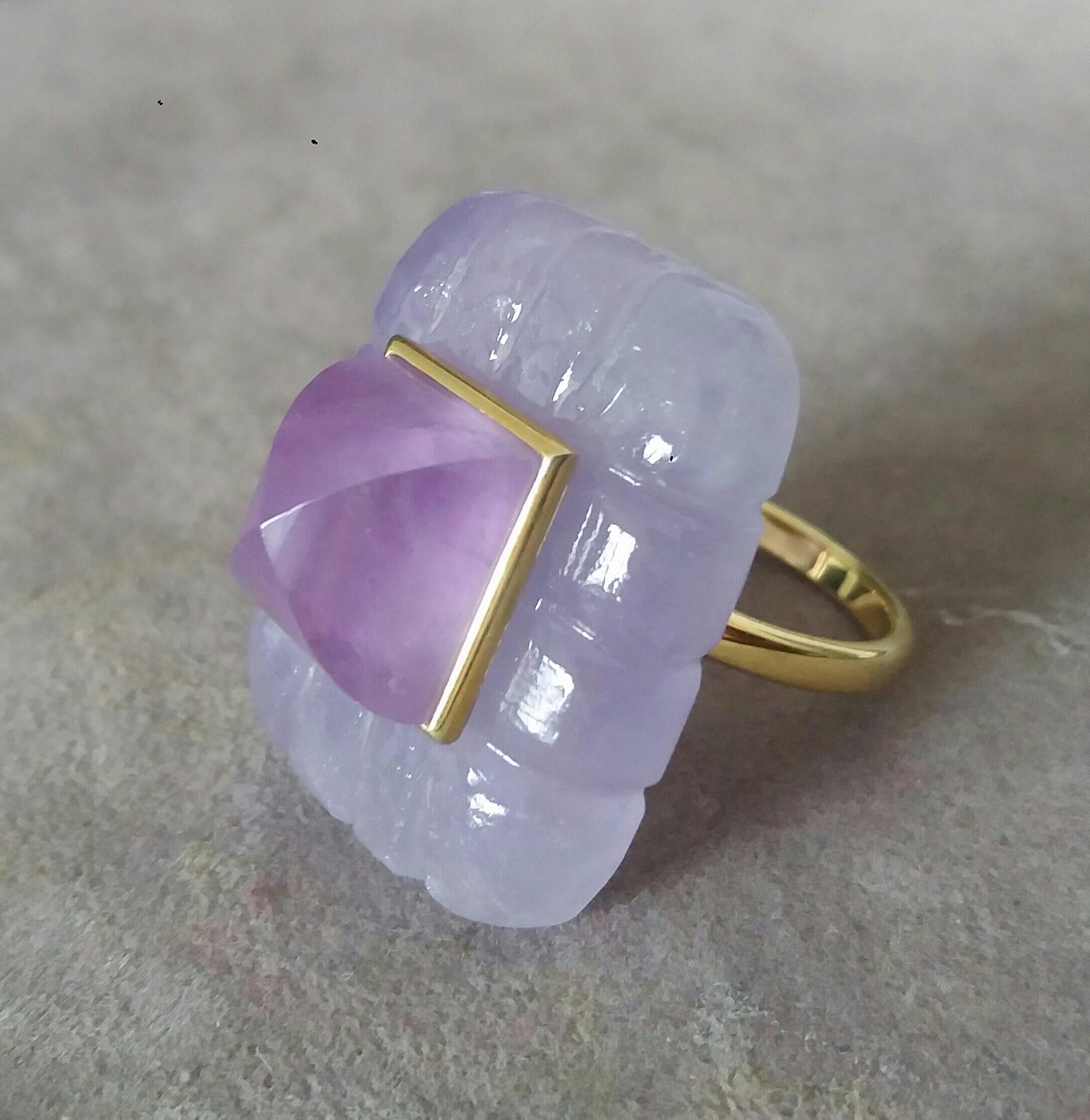 Unique ring with a big Engraved Rectangular Shape Lavender Jade ,measuring 24 mm. x 31 mm x 10mm. and weighing 75 Carats with a nice Amethyst Pyramid measuring 10 mm x 12 mm set in 14 kt yellow gold bezel..Ring shank is also in 14 kt  solid yellow
