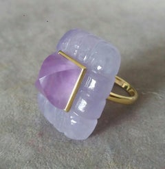 Lavender Jade Engraved Rectangular Shape Amethyst Pyramid 14k Yellow Gold Ring