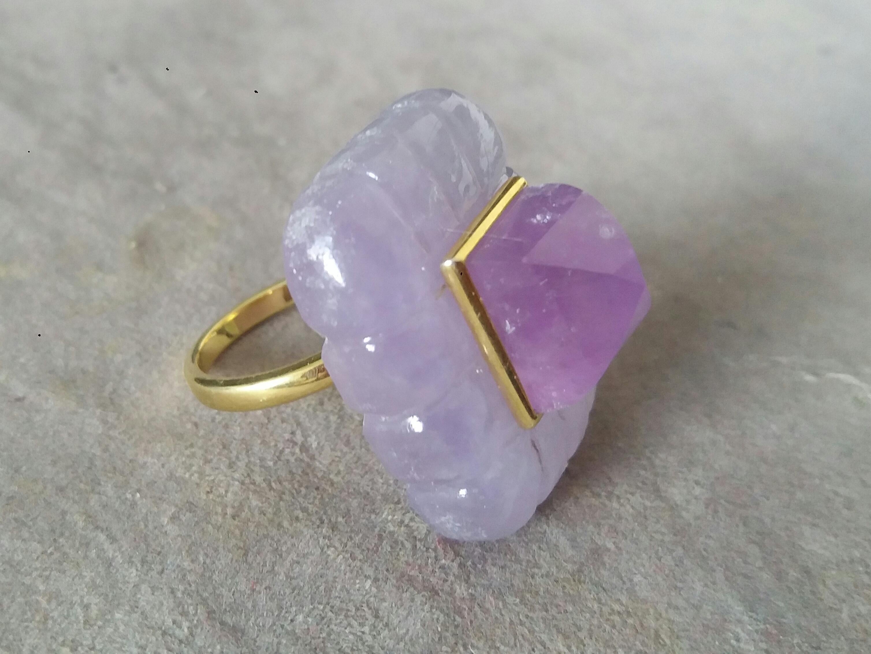 Mixed Cut Lavender Jade Engraved Rectangular Shape Amethyst Pyramid 14k Yellow Gold Ring For Sale