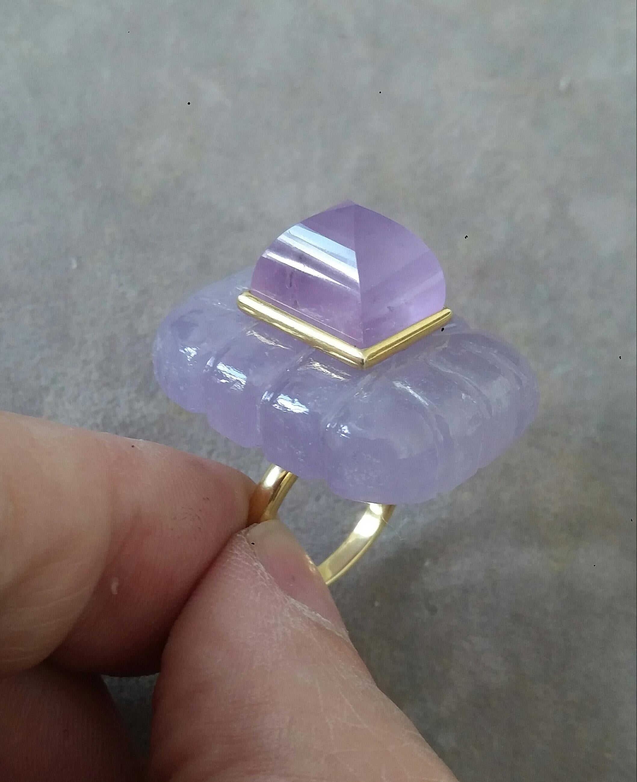Lavender Jade Engraved Rectangular Shape Amethyst Pyramid 14k Yellow Gold Ring For Sale 3
