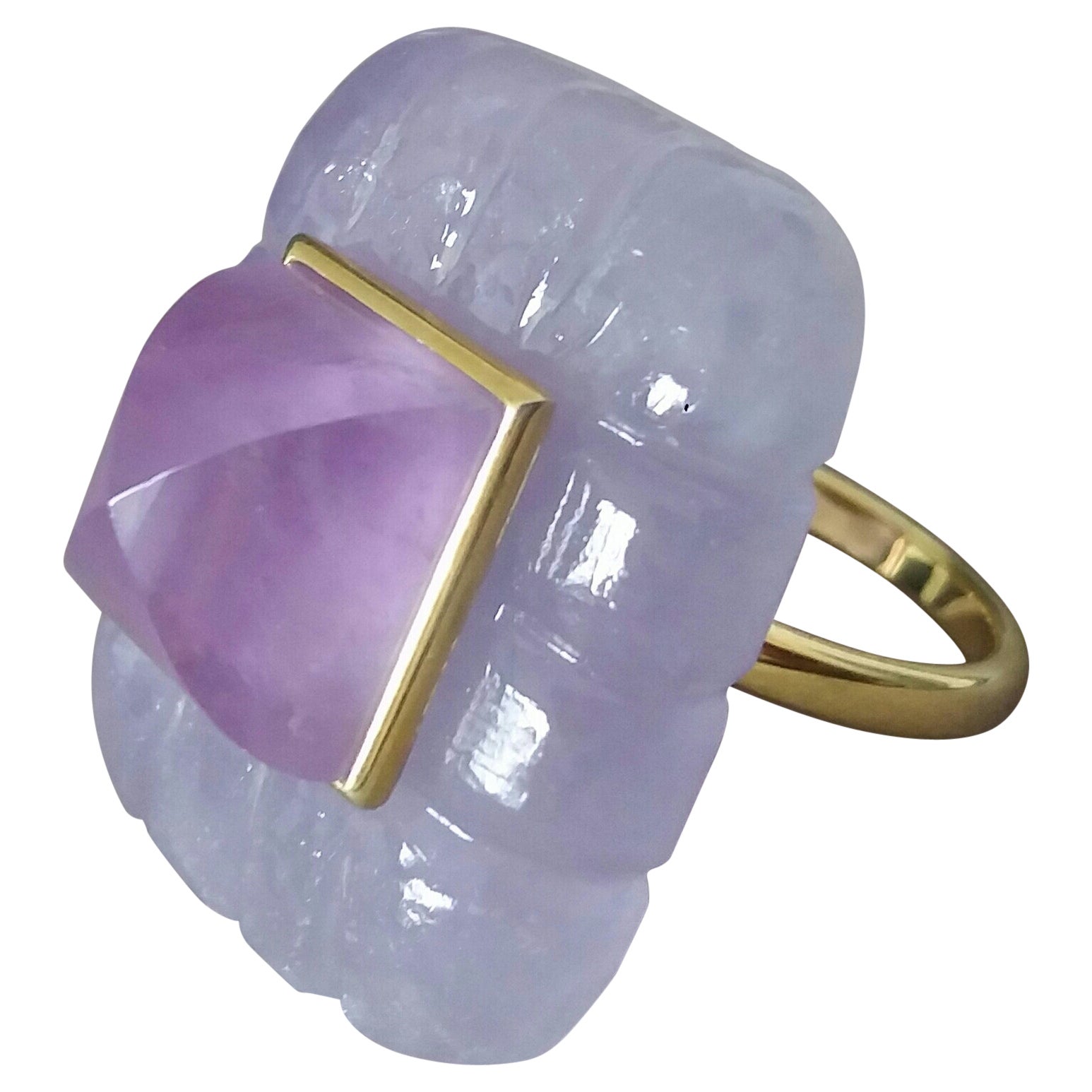 Lavender Jade Engraved Rectangular Shape Amethyst Pyramid 14k Yellow Gold Ring