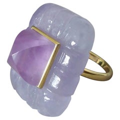 Lavender Jade Engraved Rectangular Shape Amethyst Pyramid 14k Yellow Gold Ring