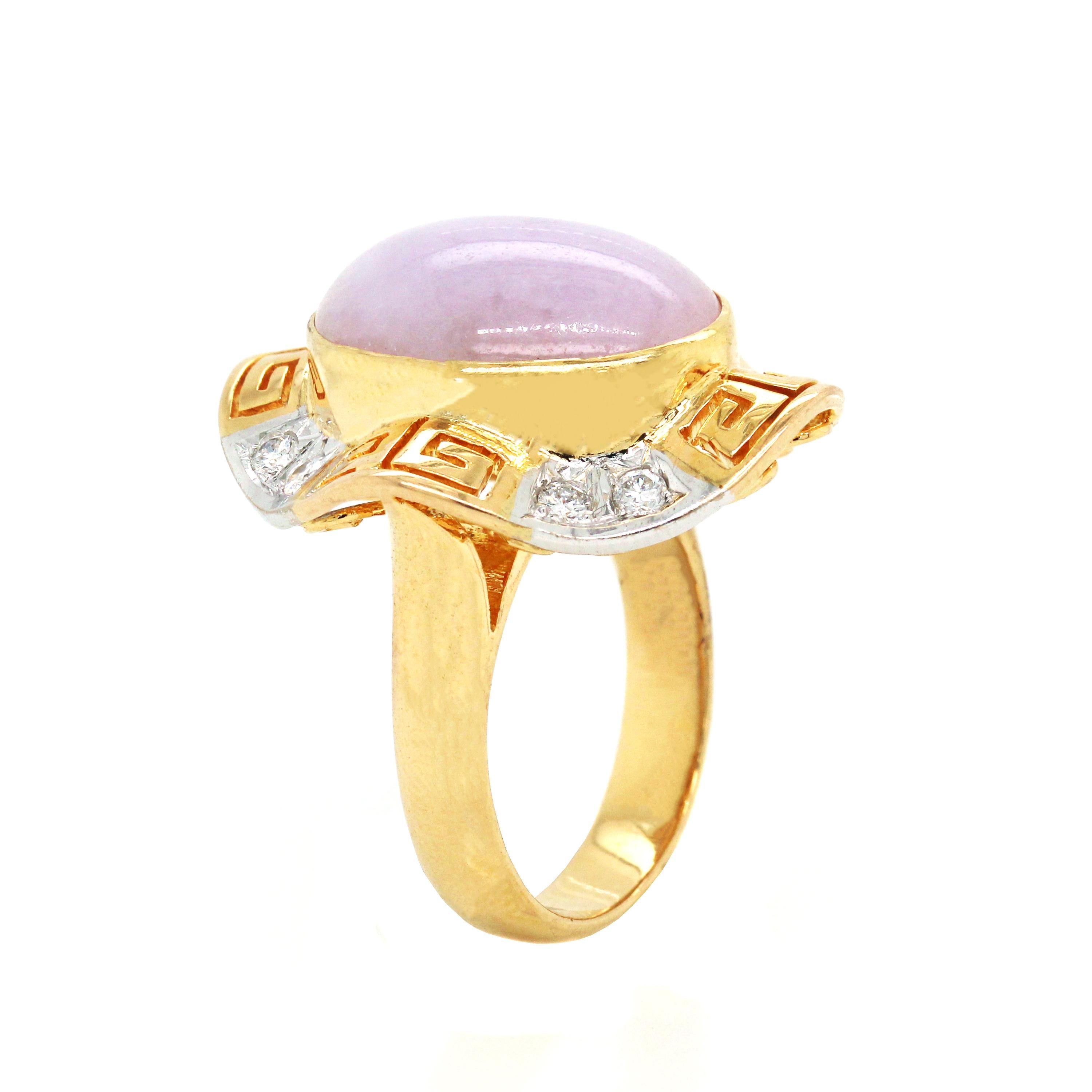 18K Yellow Gold and Diamond Egyptian Style Cocktail Ring with Lavender Jade Center

This unique ring features a Lavender Jade center with touches of Egyptian style and design all throughout

0.40 carat diamonds total weight

0.95 inch face width.
