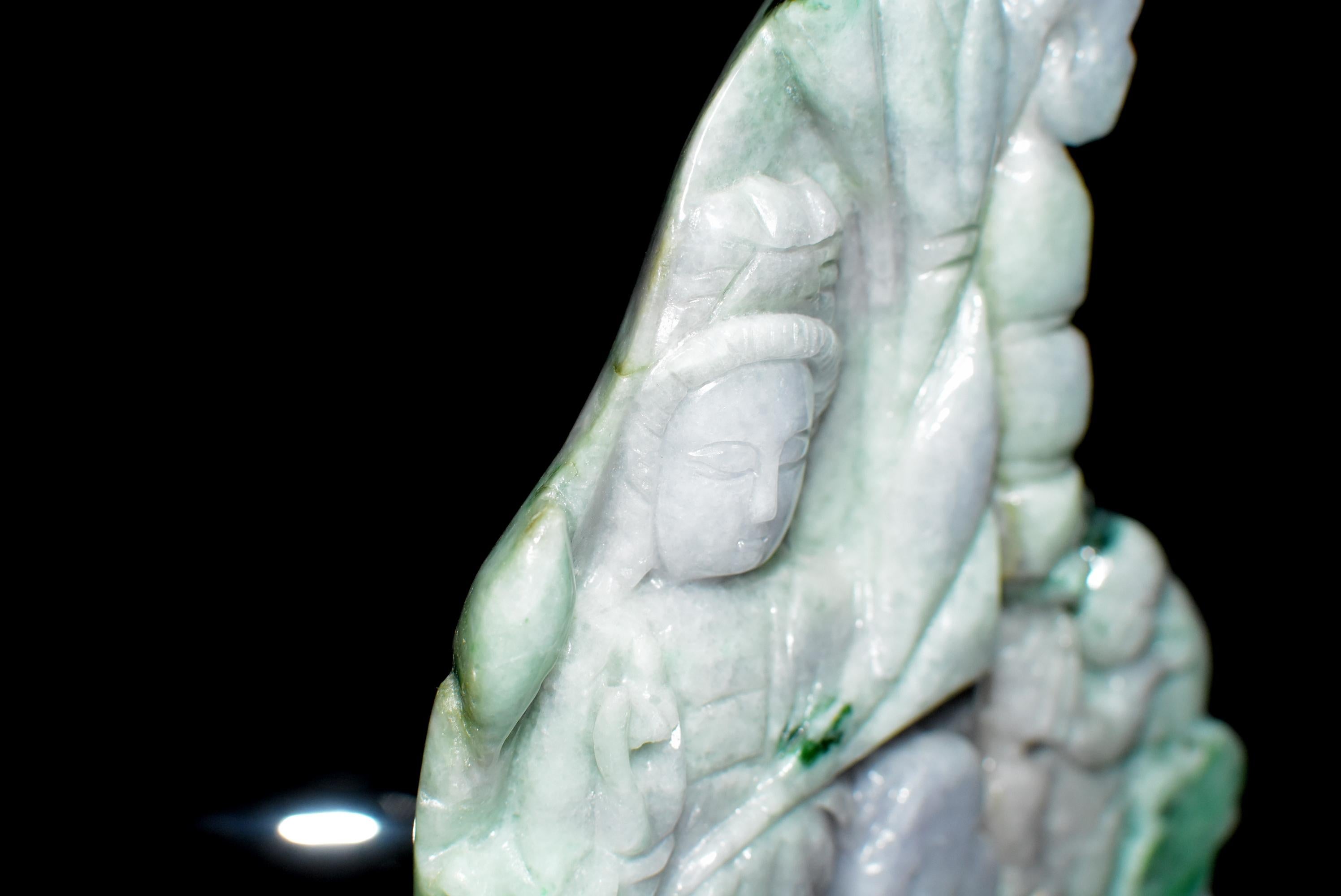 Hand-Carved Lavender Jade Kwan Yin Statue, Jadeite Sculpture