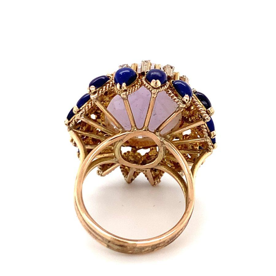 Cabochon Lavender Jade, Lapis Lazuli and Diamond Yellow Gold Cocktail Ring, circa 1960s For Sale