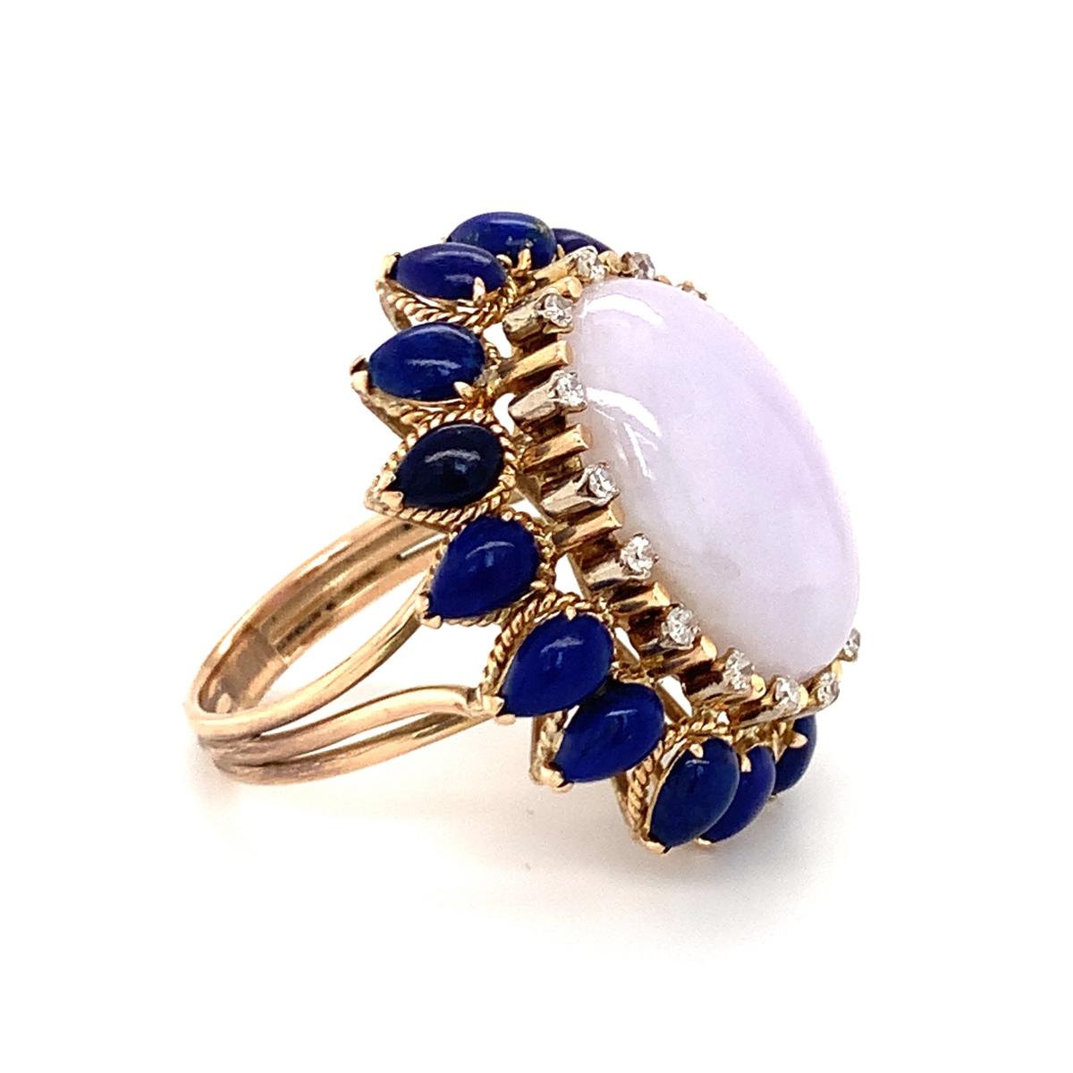 Women's Lavender Jade, Lapis Lazuli and Diamond Yellow Gold Cocktail Ring, circa 1960s For Sale