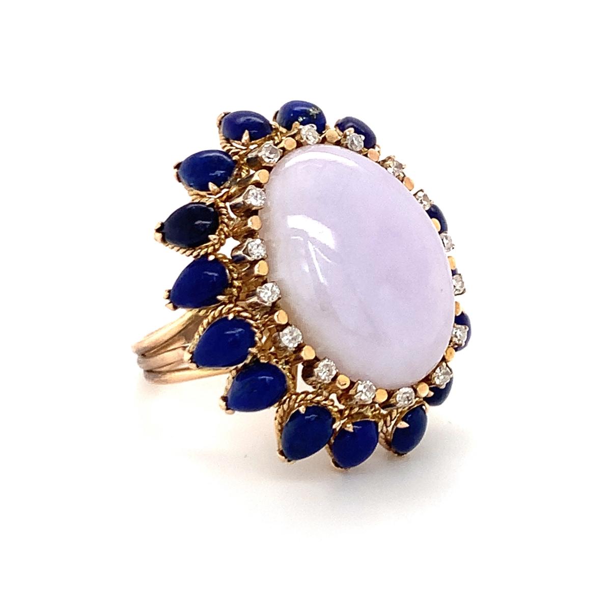 Lavender Jade, Lapis Lazuli and Diamond Yellow Gold Cocktail Ring, circa 1960s For Sale 1