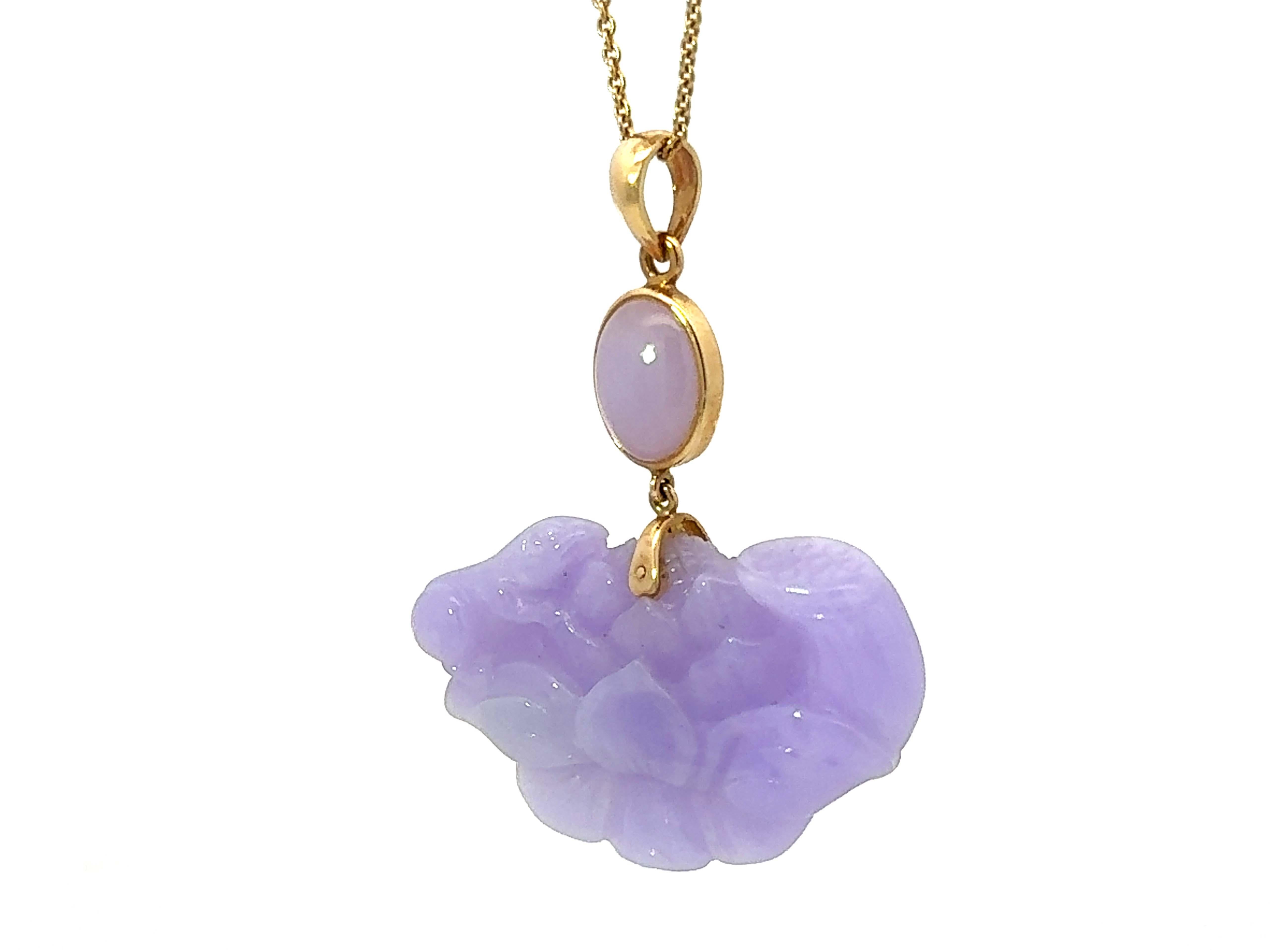 Mixed Cut Lavender Jade Lotus Frog Necklace 14K Yellow Gold For Sale