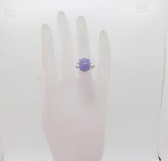 Lavender Jade Oval Cabochon and White Diamond Emerald Cut Ring in Platinum