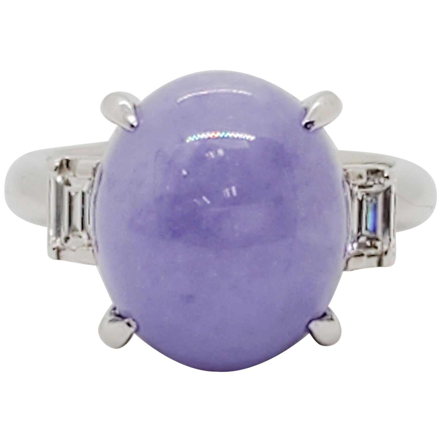 Lavender Jade Oval Cabochon and White Diamond Emerald Cut Ring in Platinum