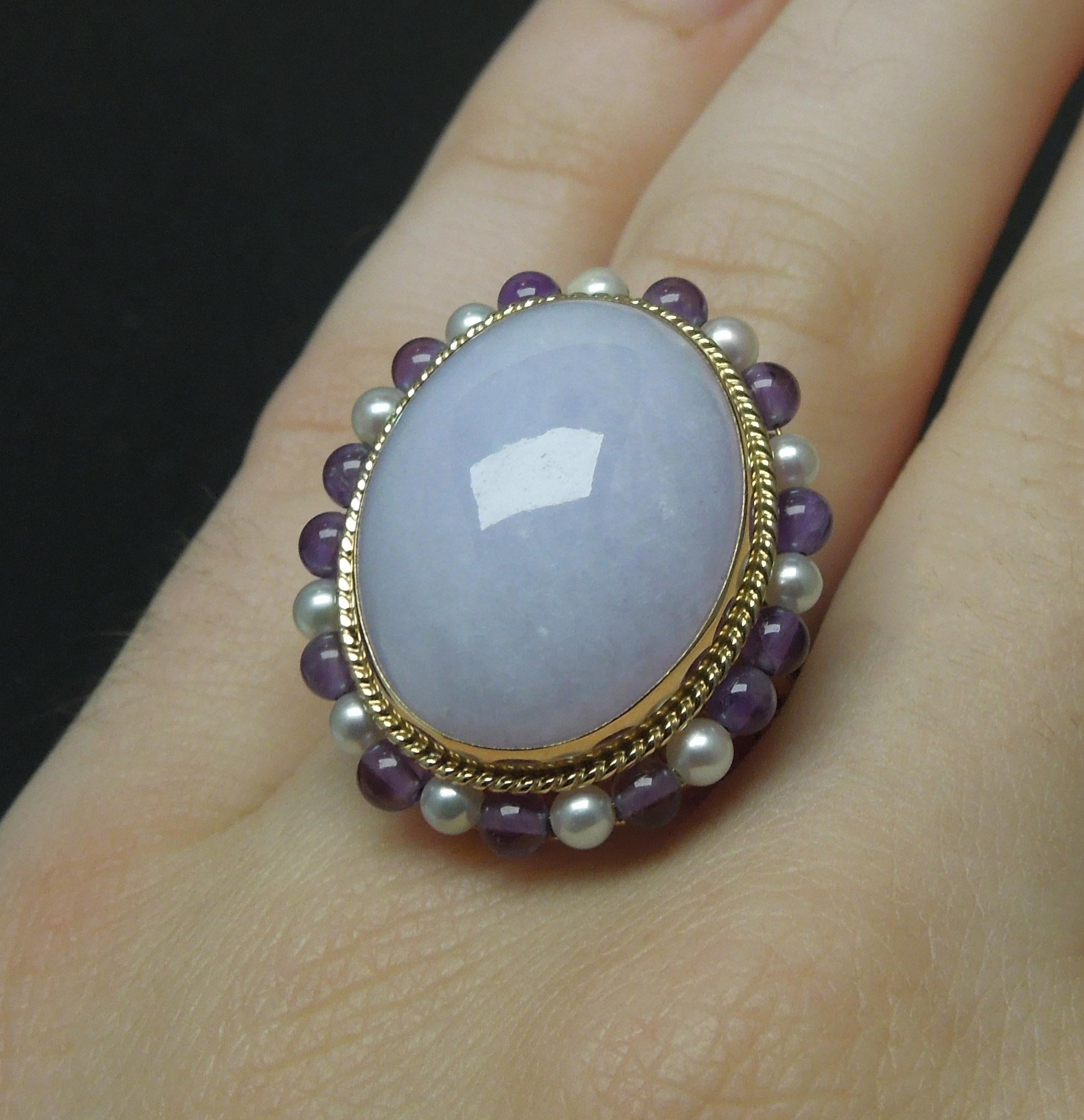 Oval Cut Lavender Jade, Pearl and Amethyst Ring For Sale