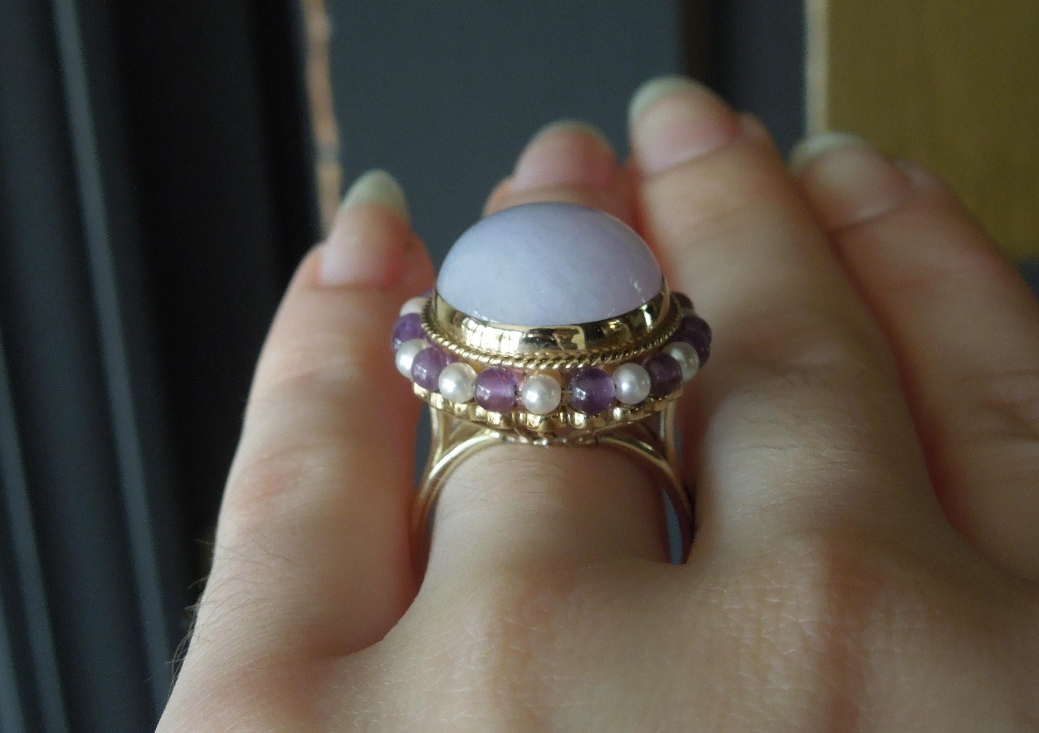Women's Lavender Jade, Pearl and Amethyst Ring For Sale