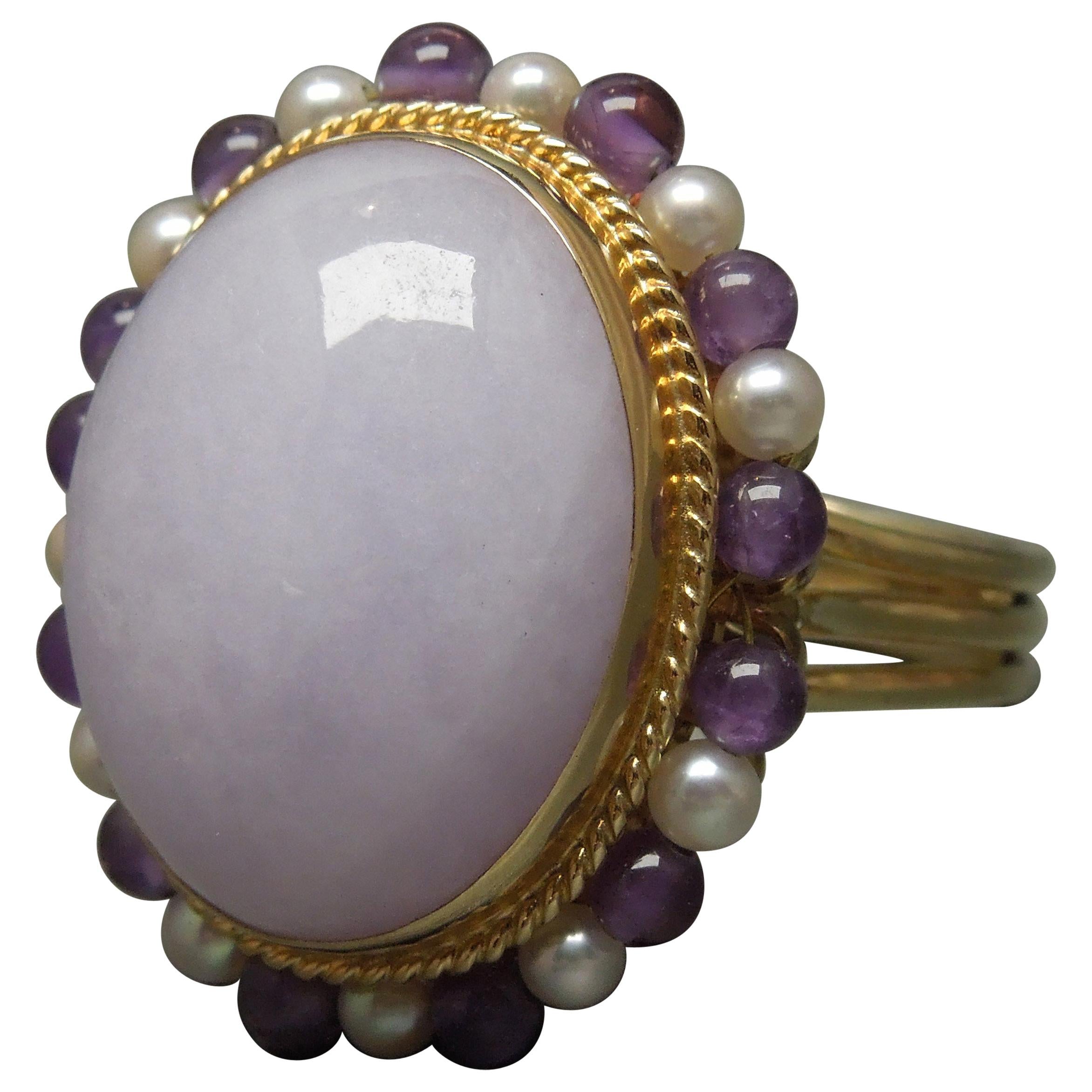 Lavender Jade, Pearl and Amethyst Ring For Sale
