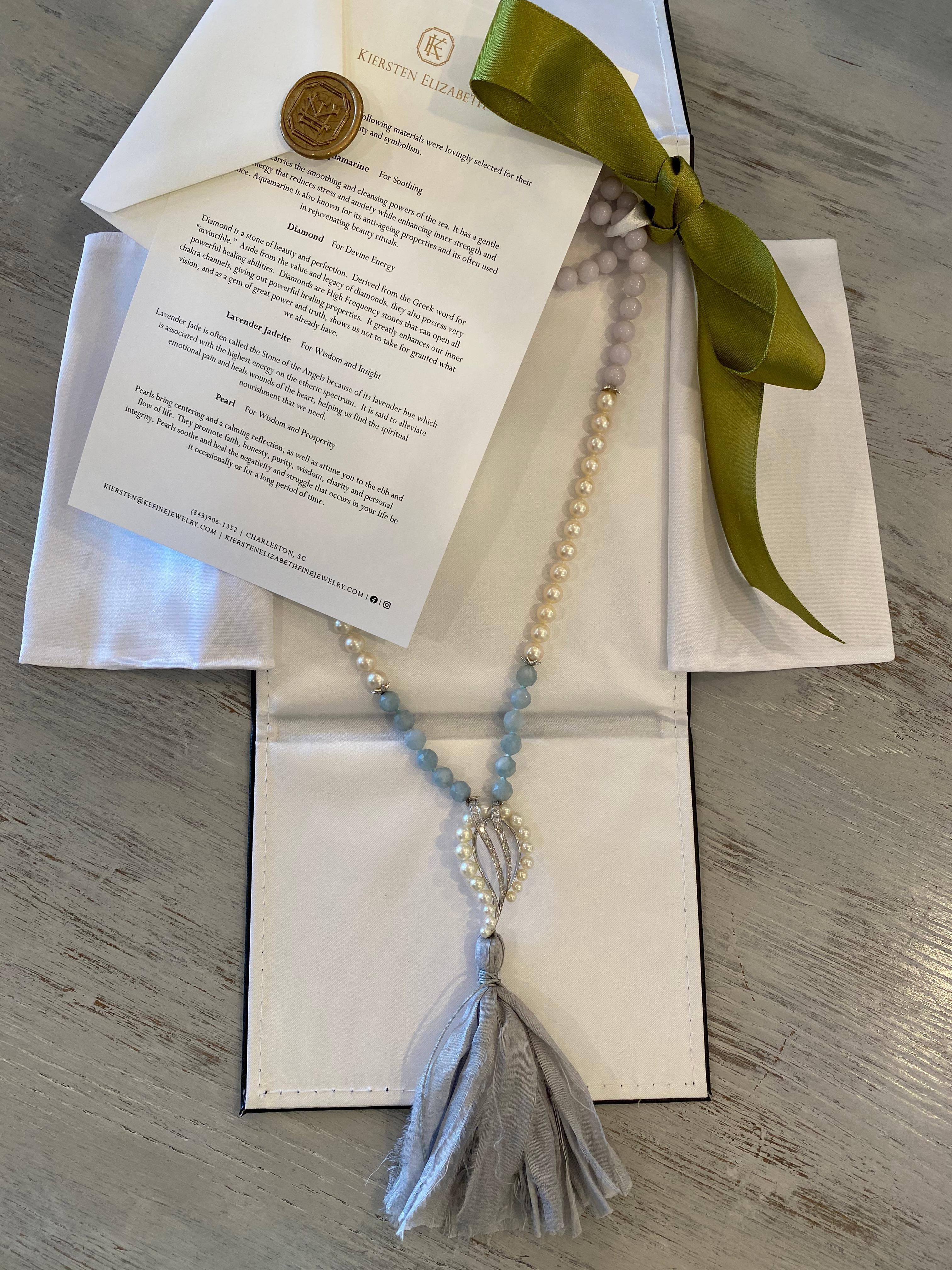 Perle Collier de prières et de méditation Mala en jade lavande, perles, aigue-marine et diamants en vente