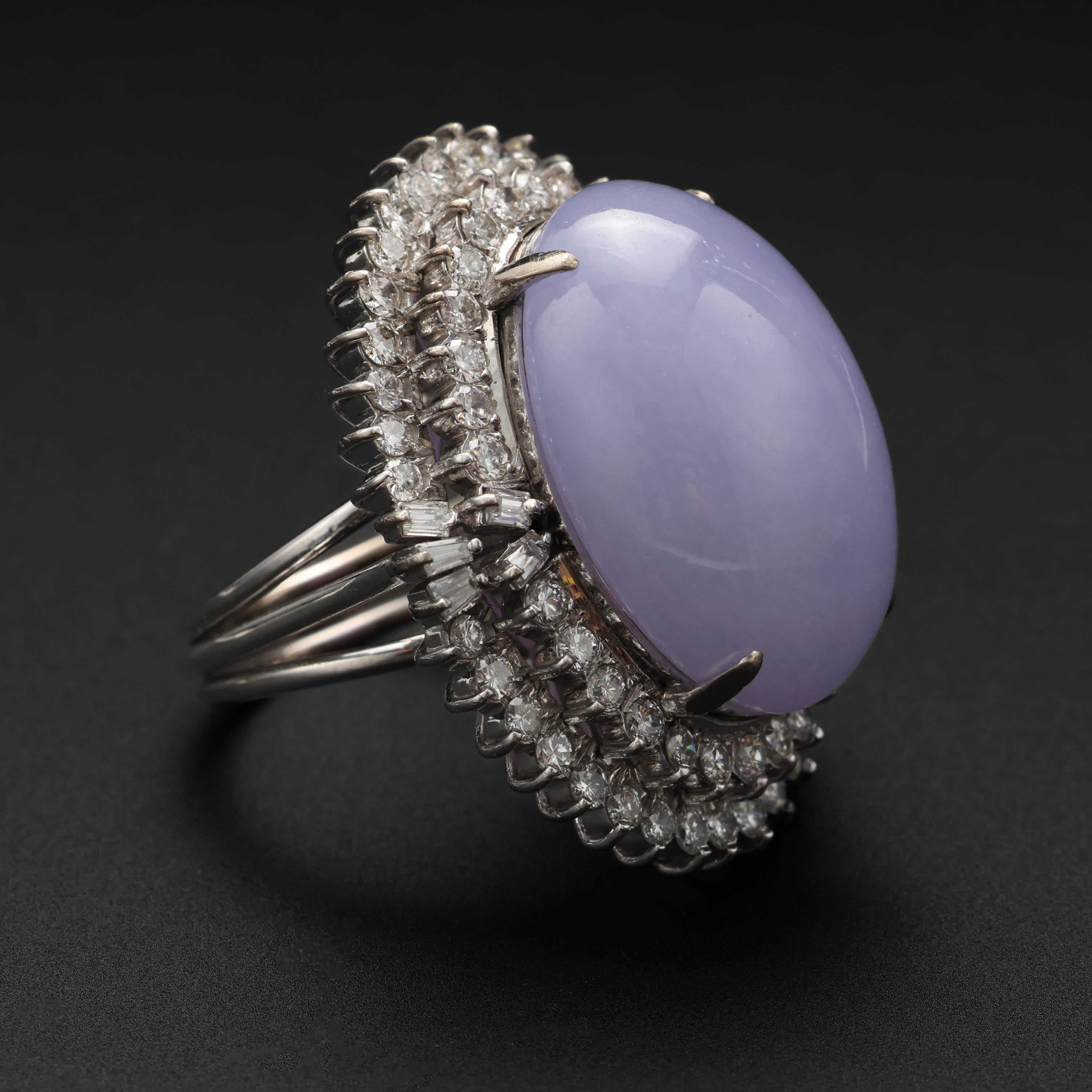Retro Lavender Jade Ring with Diamonds, Midcentury, Certified Untreated For Sale