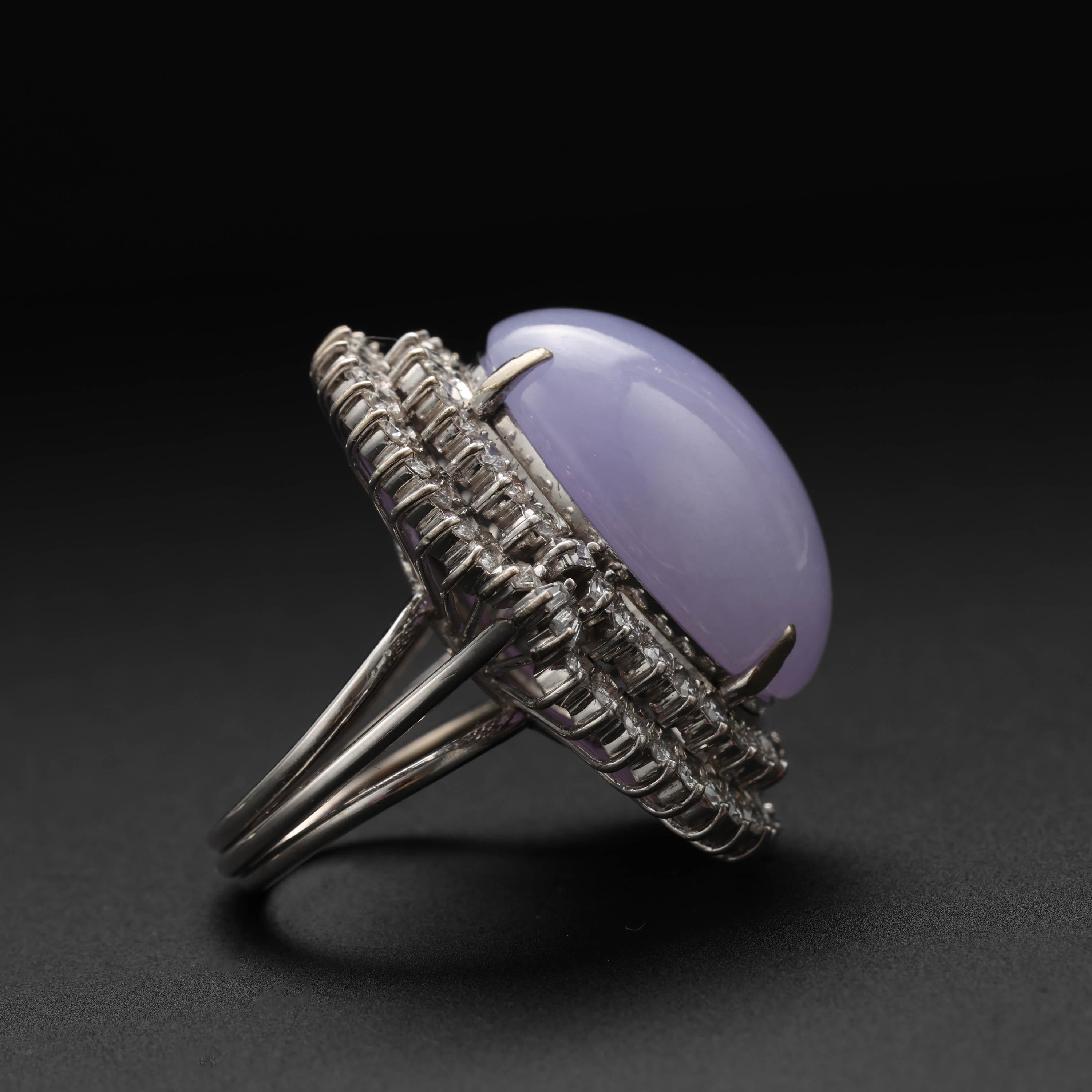 Cabochon Lavender Jade Ring with Diamonds, Midcentury, Certified Untreated For Sale