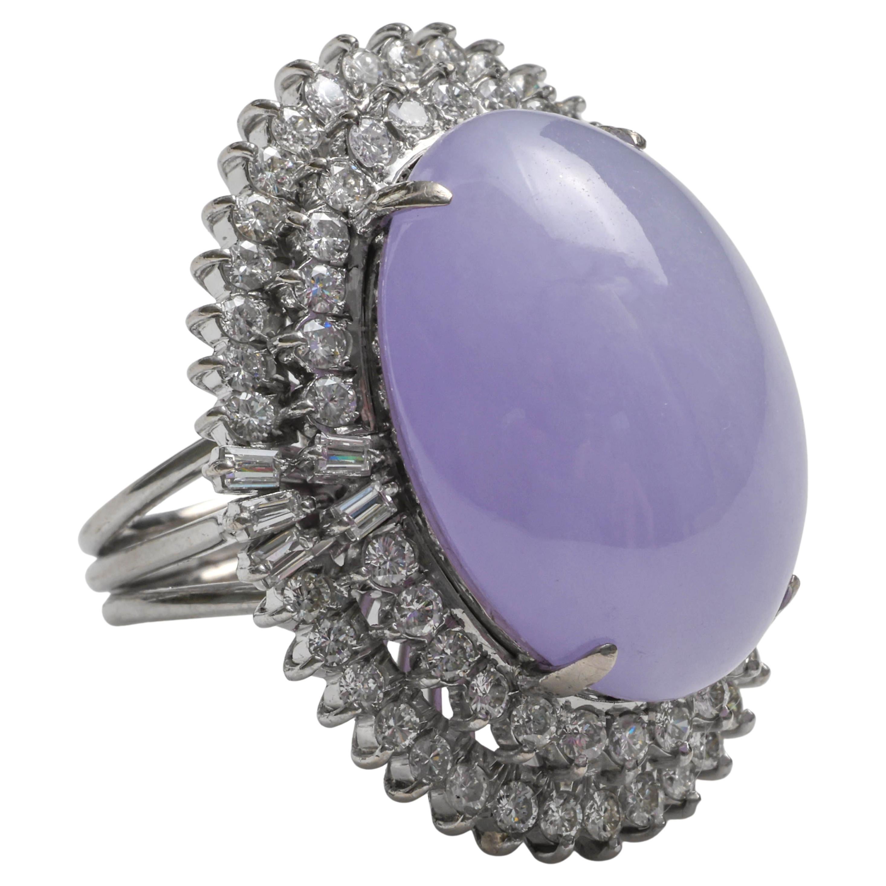 Lavender Jade Ring with Diamonds, Midcentury, Certified Untreated For Sale