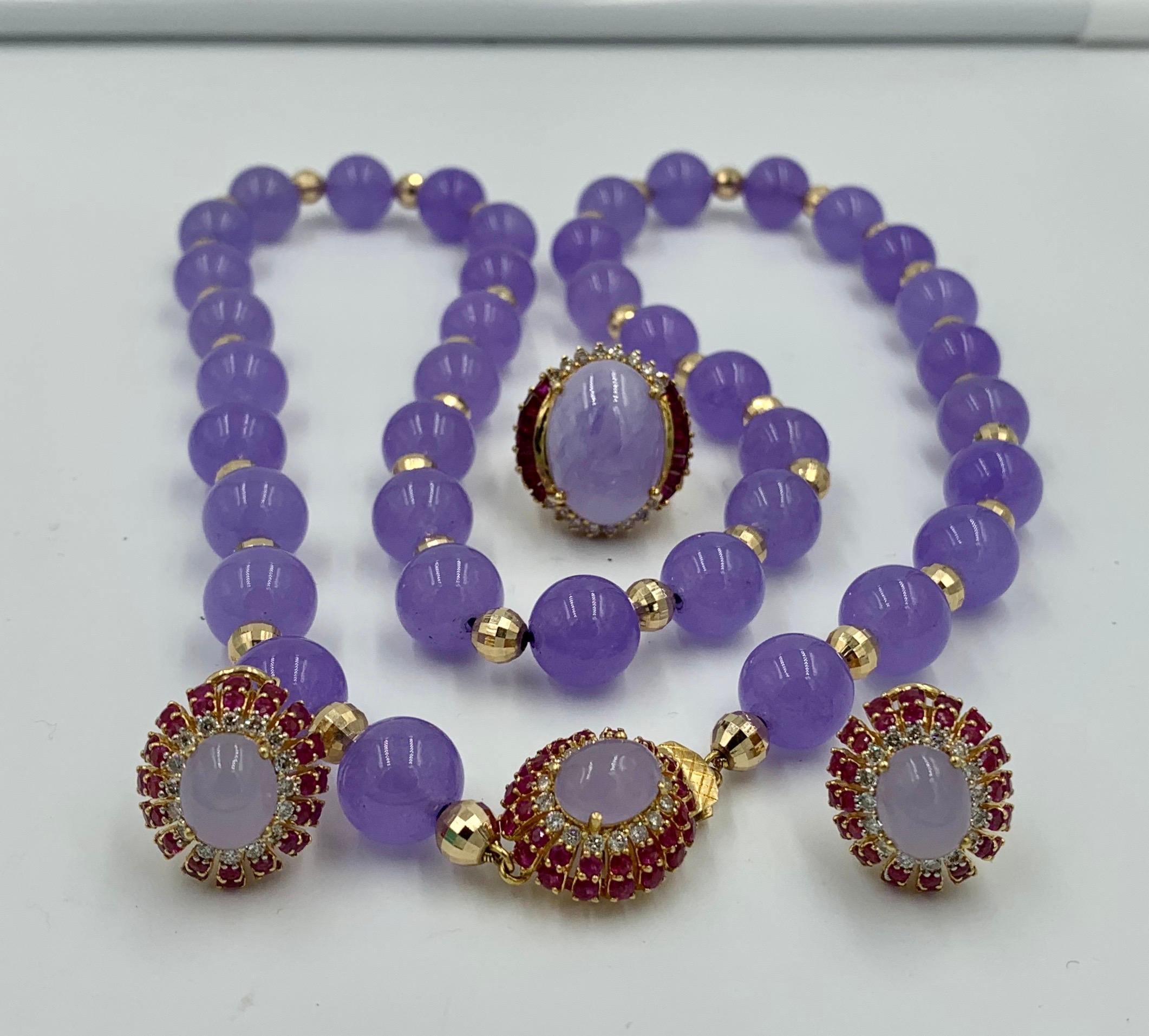 Contemporary Lavender Jade Ruby 64 Diamond Necklace Earrings 17 Carat Jade Ring Suite Parure